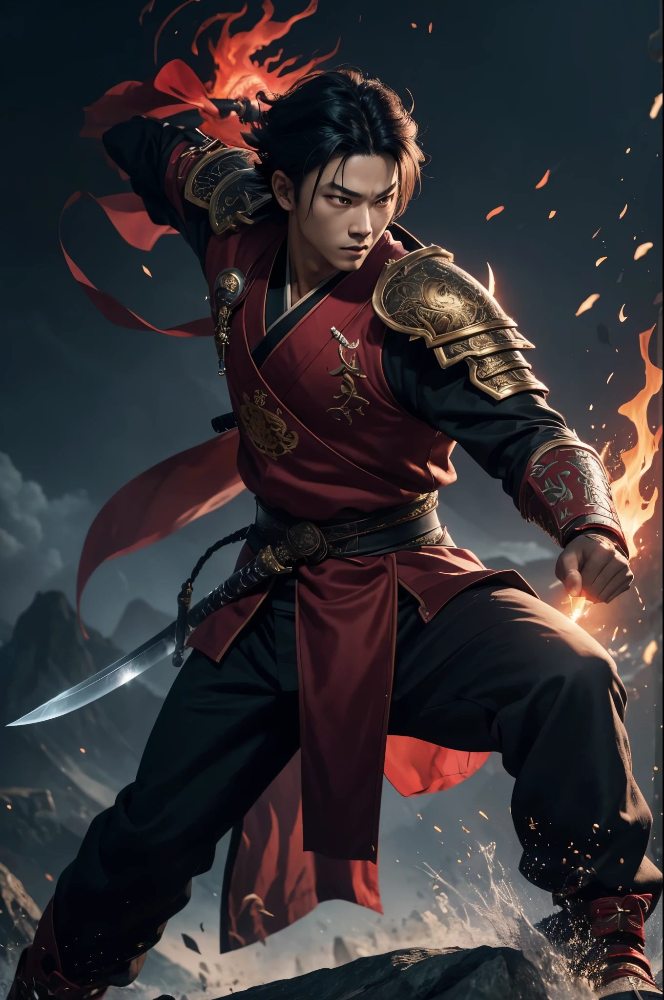 8k、alone、16 year old boy,Super beautiful ager(like the real thing),red eyes(red glowing effect),Super beautiful teen,black bob hair,black fabric men's kimono,black pants(devil's emblem embroidery),golden decoration,heading there、long and large Japanese sword,Demon Slayer boy wearing Demon Slayer male kimono,Remains,amazing work of art、wind effect:1.9、cloud effect:1.2、full rendering、Caustic soda coating、unreal engine、1 Japanese sword,An innocent expression,cool boy,ultra high resolution,super realistic skin,Super precise hand details,1Japanese sword and book,fantasy art,smile,battle scene,action scene,action pose,fighting style,Photorealistic RAW photos of the highest quality。Backlight, cinematic lighting, film grain, to be born, 50mm lens, Nikon D850,realistic skin,fantasy art,character art,ultra high resolution,Macho with a muscular slender body,red devil emblem tattoo on face(Tattoo that glows red),Precise facial details,Throw a long and large Japanese sword,fighting pose,dynamic pose,Red shoulder armor(demon emblem),Red Gauntlet(demon emblem),