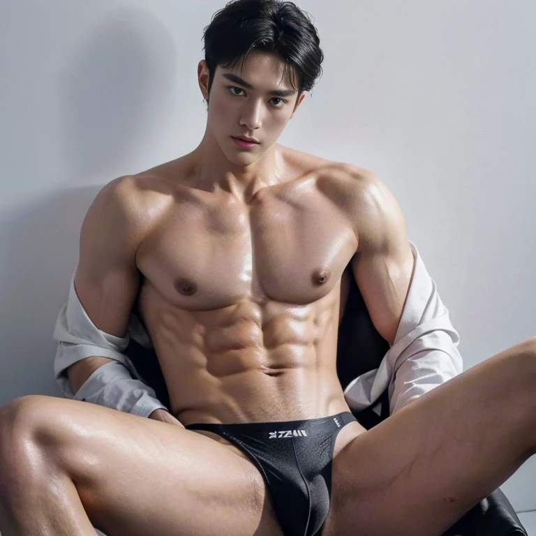 masterpiece, top quality, intricate detail, magazine front page, Korean men's sex magazine, Magazine's Title with black color font, a young handsome boy with string thong, tall muscle, ((abs)), Kpop idol, looking at camera, beautiful face, white background, fashion model, Kpop boy's group member