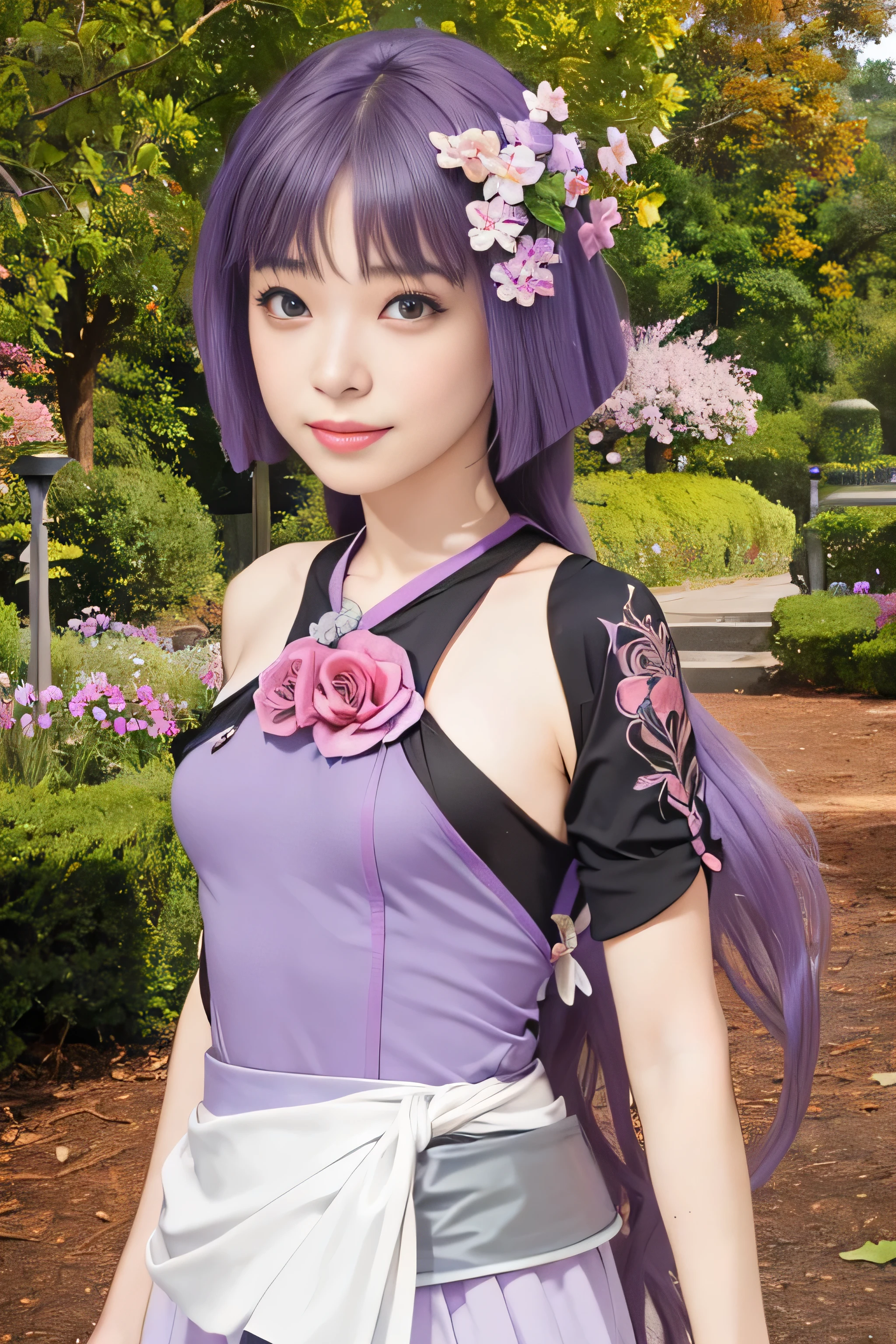 masterpiece, best quality, (realistic,photo-realistic:1.4), (RAW photo:1.2), extremely detailed CG unity 8k wallpaper, delicate and beautiful, amazing,finely detail, official art, absurdres, incredibly absurdres, huge filesize, ultra-detailed,extremely detailed eyes and face,light on face,sumire kakei,(little smile),(purple hair:1.4),(long hair:1.6),(wearing dress:1.5),garden,flower onair,(medium breast:1.3)