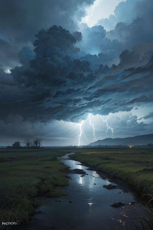 (best quality,4k,highres,masterpiece:1.2),ultra-detailed,(realistic,photorealistic,photo-realistic:1.37), stormy night, dark, moody lighting, vibrant colors, dramatic atmosphere, raindrops, splashing water, lightning, thunderstorm, cloudy sky, gusts of wind, wet grass, reflections on the ground, dramatic perspective, cinematic composition