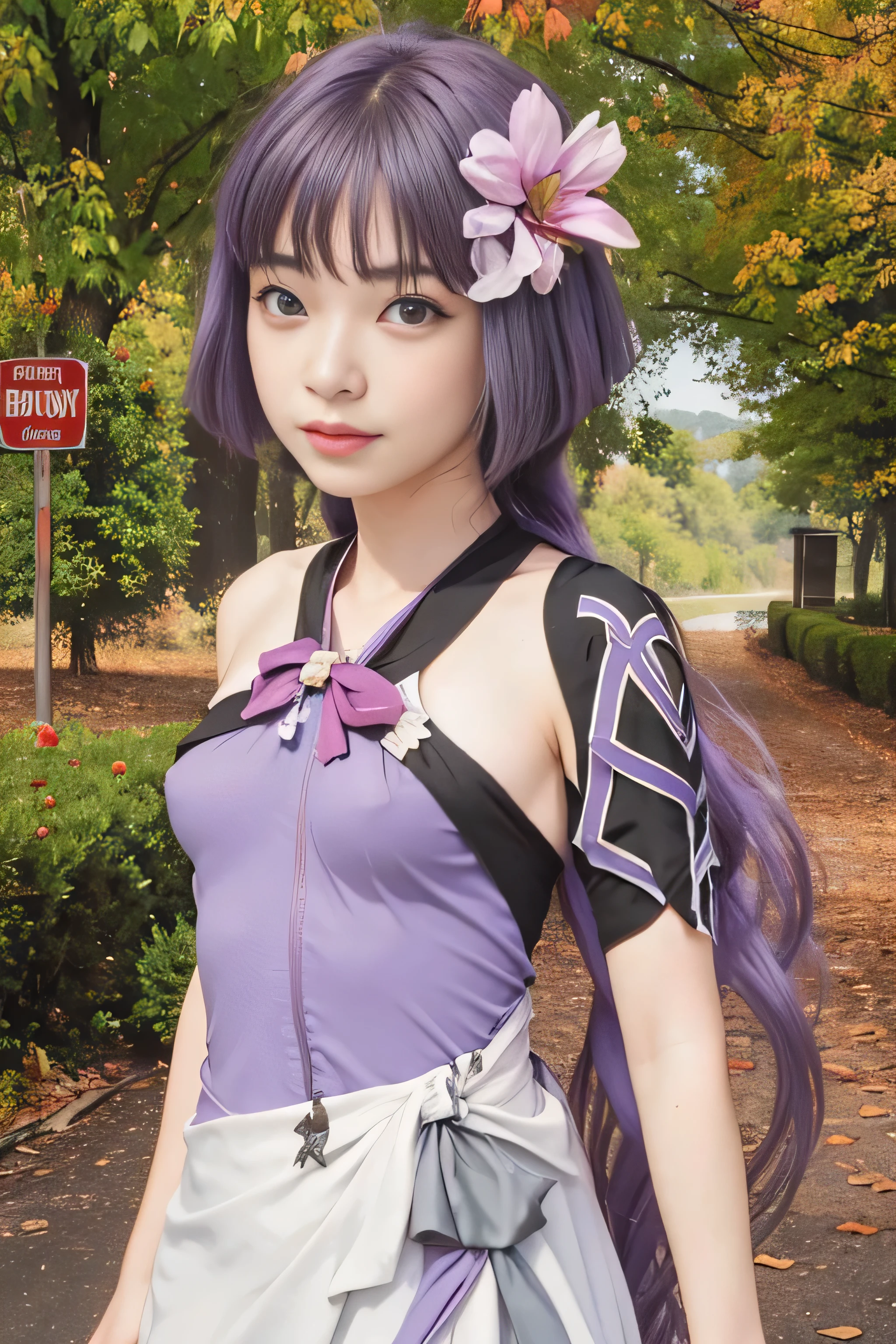 masterpiece, best quality, (realistic,photo-realistic:1.4), (RAW photo:1.2), extremely detailed CG unity 8k wallpaper, delicate and beautiful, amazing,finely detail, official art, absurdres, incredibly absurdres, huge filesize, ultra-detailed,extremely detailed eyes and face,light on face,sumire kakei,(little smile),(purple hair:1.4),(long hair:1.6),(wearing dress:1.5),garden,flower onair,(medium breast:1.3)