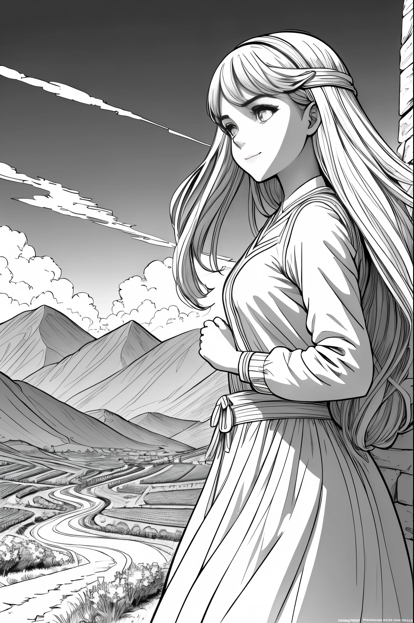 A coloring book for adults depicting a girl wearing a bright white dress walking along a mountain path with many gaps on either side of the mountain and vineyards. Women should be portrayed as beautiful as Emma Watson. The girl in the photo is looking up at the sky. It's a sunny day without a single cloud. Brightly illuminates the scene from the front, making the details of the scene brighter. The path and blue sky in the painting emphasize the vibrant environment. Brightly illuminates the scene from the front, making the details of the scene brighter. Its fine ink line art, Comic style, Beautiful curves of the human body, Ink blending, Manga style, comic artstyle, pencil and ink manga drawing. (High contrast, sketch, monochrome, clean line drawings for coloring books, whitening the entire screen: 1.3)