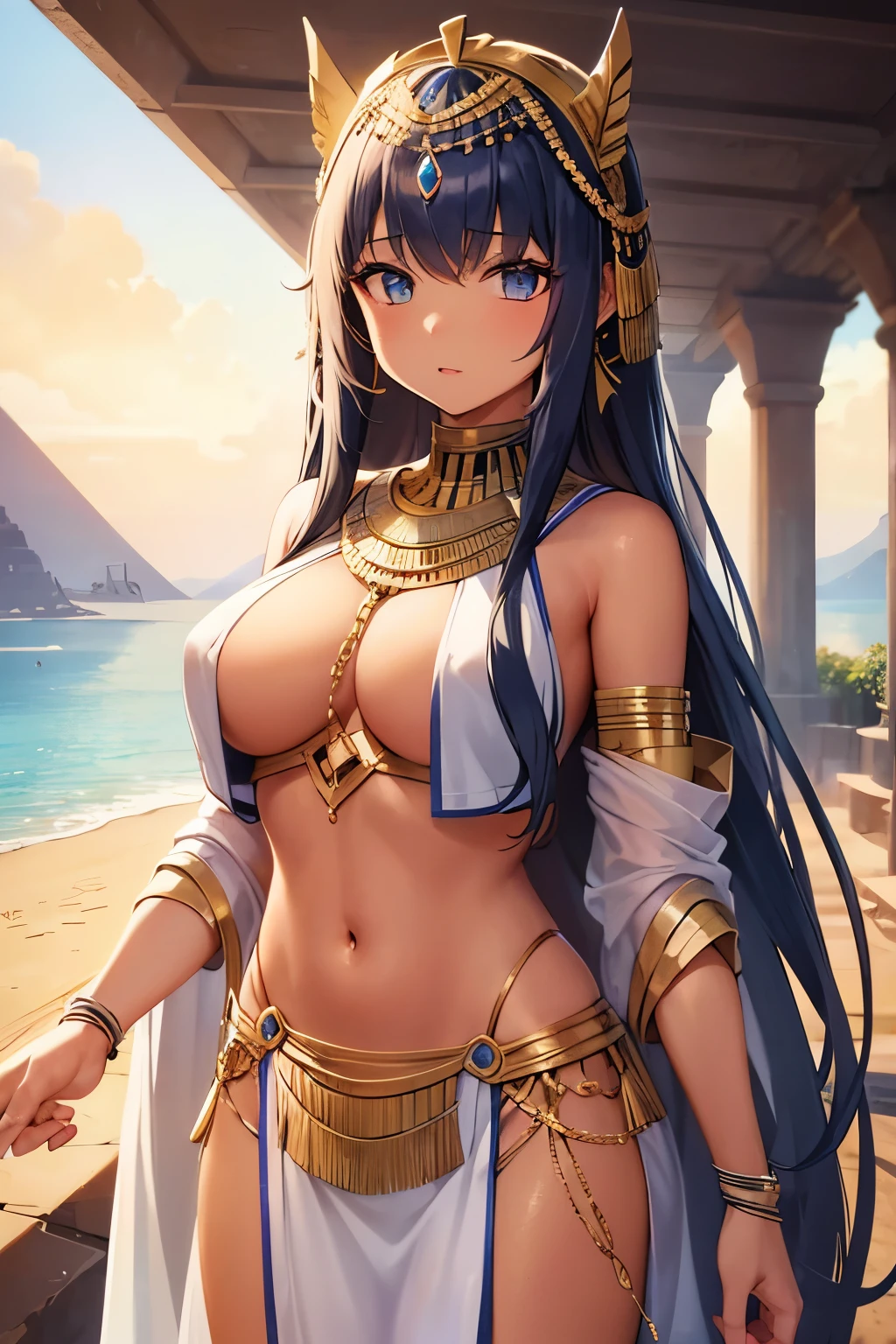 1girl, bangs, long hair, egyptian queen, tan skin, brown skin, blue eyes, white dress, midriff
