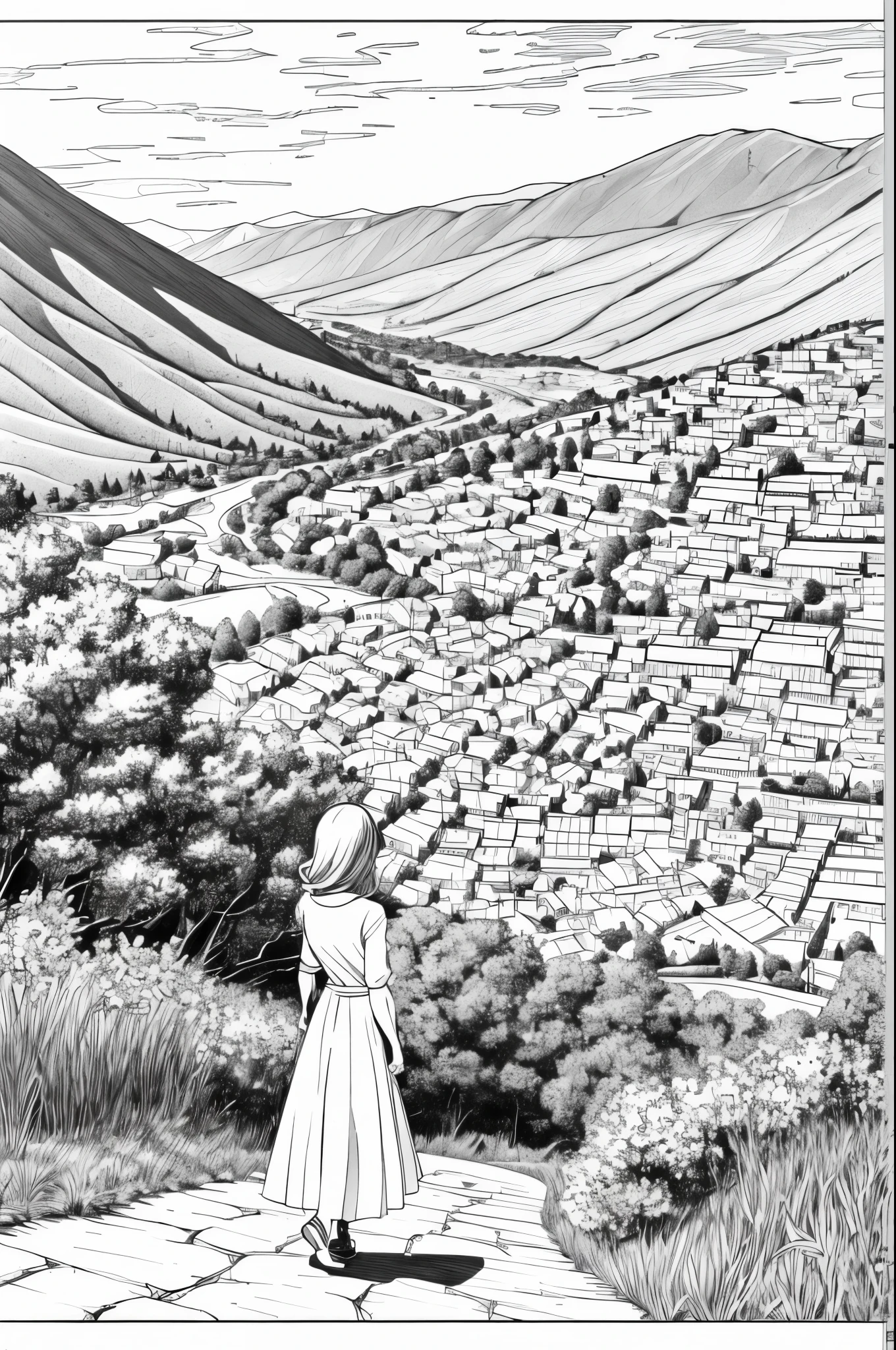A coloring book for adults depicting a girl wearing a bright white dress walking along a mountain path with many gaps on either side of the mountain and vineyards. Women should be portrayed as beautiful as Emma Watson. The girl in the photo is looking up at the sky. It's a sunny day without a single cloud. Brightly illuminates the scene from the front, making the details of the scene brighter. The path and blue sky in the painting emphasize the vibrant environment. Brightly illuminates the scene from the front, making the details of the scene brighter. Its fine ink line art, Comic style, Beautiful curves of the human body, Ink blending, Manga style, comic artstyle, pencil and ink manga drawing. (High contrast, sketch, monochrome, clean line drawings for coloring books, whitening the entire screen: 1.3)