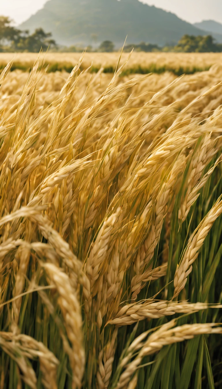 rice paddy/paddy(masterpiece, best quality, super detailed, lifelike),光暈渲染在一望無際paddy.夕陽西下照映paddy.Brilliant light and shadow.Rice ears close-up.plump and low.The wind blows the rice waves.paddy旁的野餐.There are ears of rice in the foreground(best quality,4k,8k,high resolution,masterpiece),super detailed,