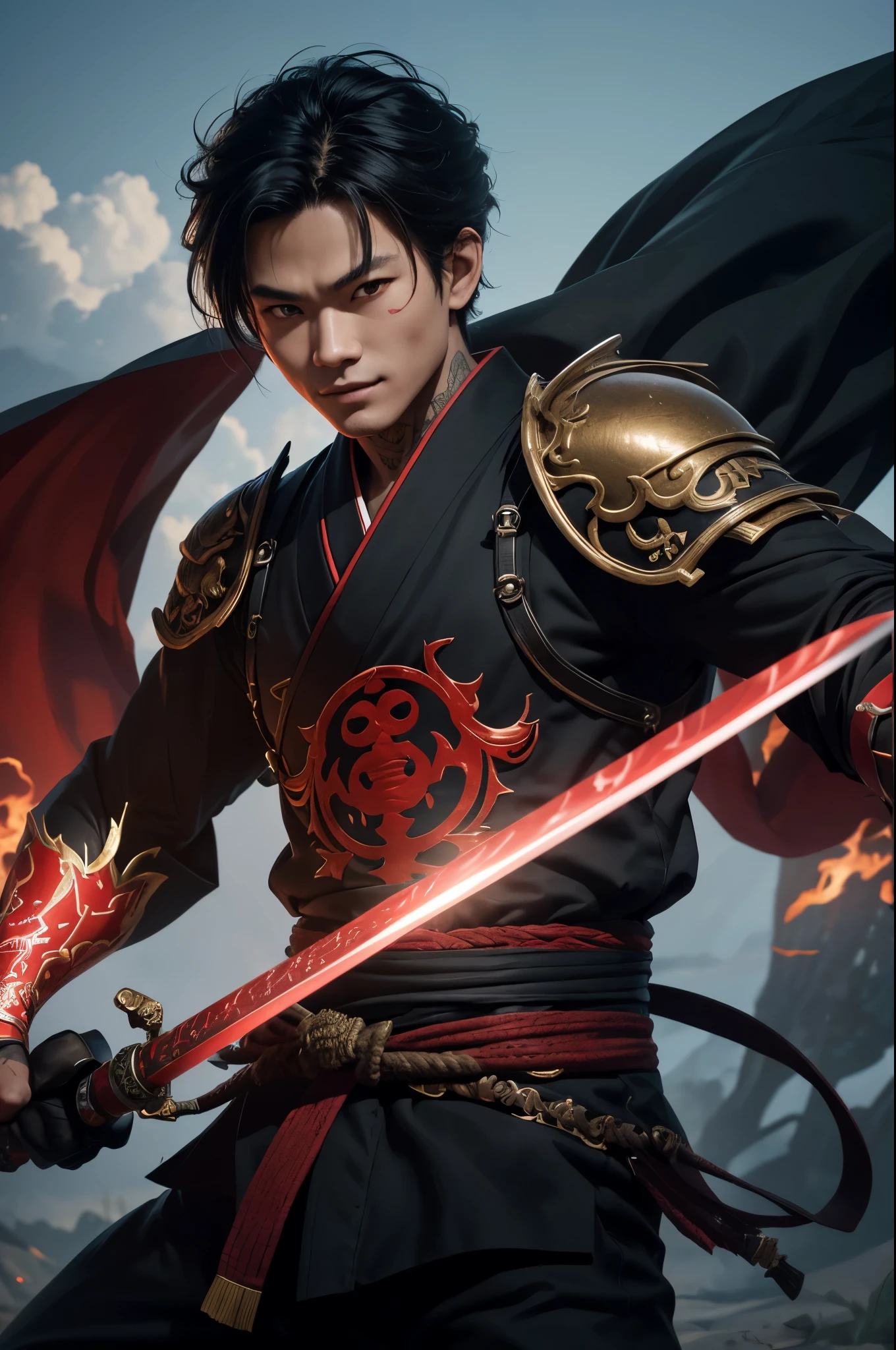 8k、alone、16 year old boy,Super beautiful teenager(like the real thing),red eyes(red glowing effect),Super beautiful teenager,black bob hair,black fabric men&#39;s kimono,black pants(devil&#39;s emblem embroidery),golden decoration,heading there、long and large Japanese sword,Demon Slayer boy wearing Demon Slayer male kimono,Remains,amazing work of art、wind effect:1.9、cloud effect:1.2、full rendering、Caustic soda coating、unreal engine、1 Japanese sword,An innocent expression,cool boy,ultra high resolution,super realistic skin,Super precise hand details,１Japanese sword and book,fantasy art,smile,battle scene,action scene,action pose,fighting style,Photorealistic RAW photos of the highest quality。Backlight, cinematic lighting, film grain, to be born, 50mm lens, Nikon D850,realistic skin,fantasy art,character art,ultra high resolution,Macho with a muscular slender body,red devil emblem tattoo on face(Tattoo that glows red),Precise facial details,Throw a long and large Japanese sword,fighting pose,dynamic pose,Red shoulder armor(demon emblem),Red Gauntlet(demon emblem),fearless laugh,