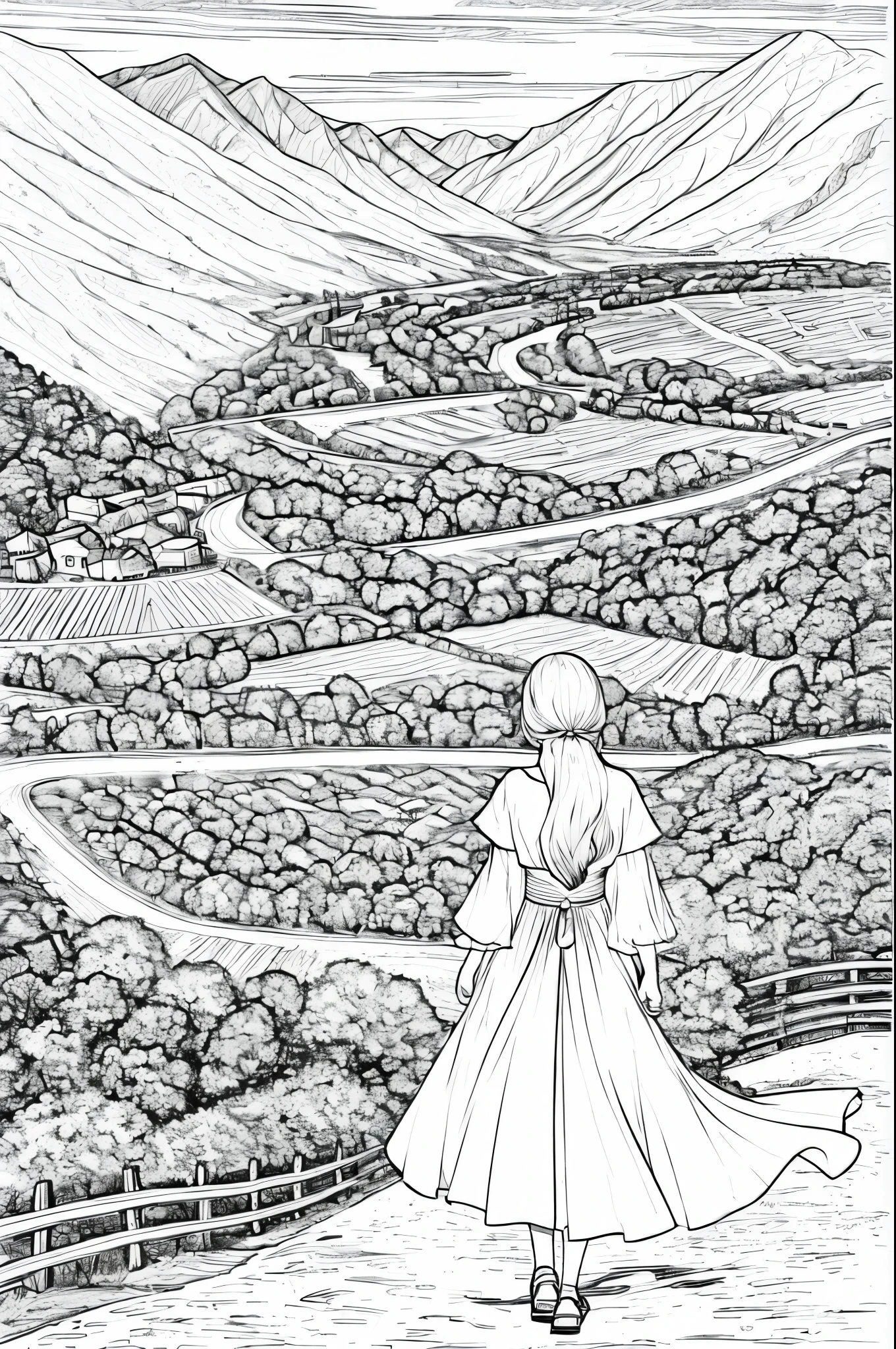 A coloring book for adults depicting a girl wearing a bright white dress walking along a mountain path with many gaps on either side of the mountain and vineyards. Women should be portrayed as beautiful as Emma Watson. The girl in the photo is looking up at the sky. It's a sunny day without a single cloud. Brightly illuminates the scene from the front, making the details of the scene brighter. The path and blue sky in the painting emphasize the vibrant environment. Brightly illuminates the scene from the front, making the details of the scene brighter. Its fine ink line art, Comic style, Beautiful curves of the human body, Ink blending, Manga style, comic artstyle, pencil and ink manga drawing. (High contrast, sketch, monochrome, clean line drawings for coloring books, whitening the entire screen: 1.3)