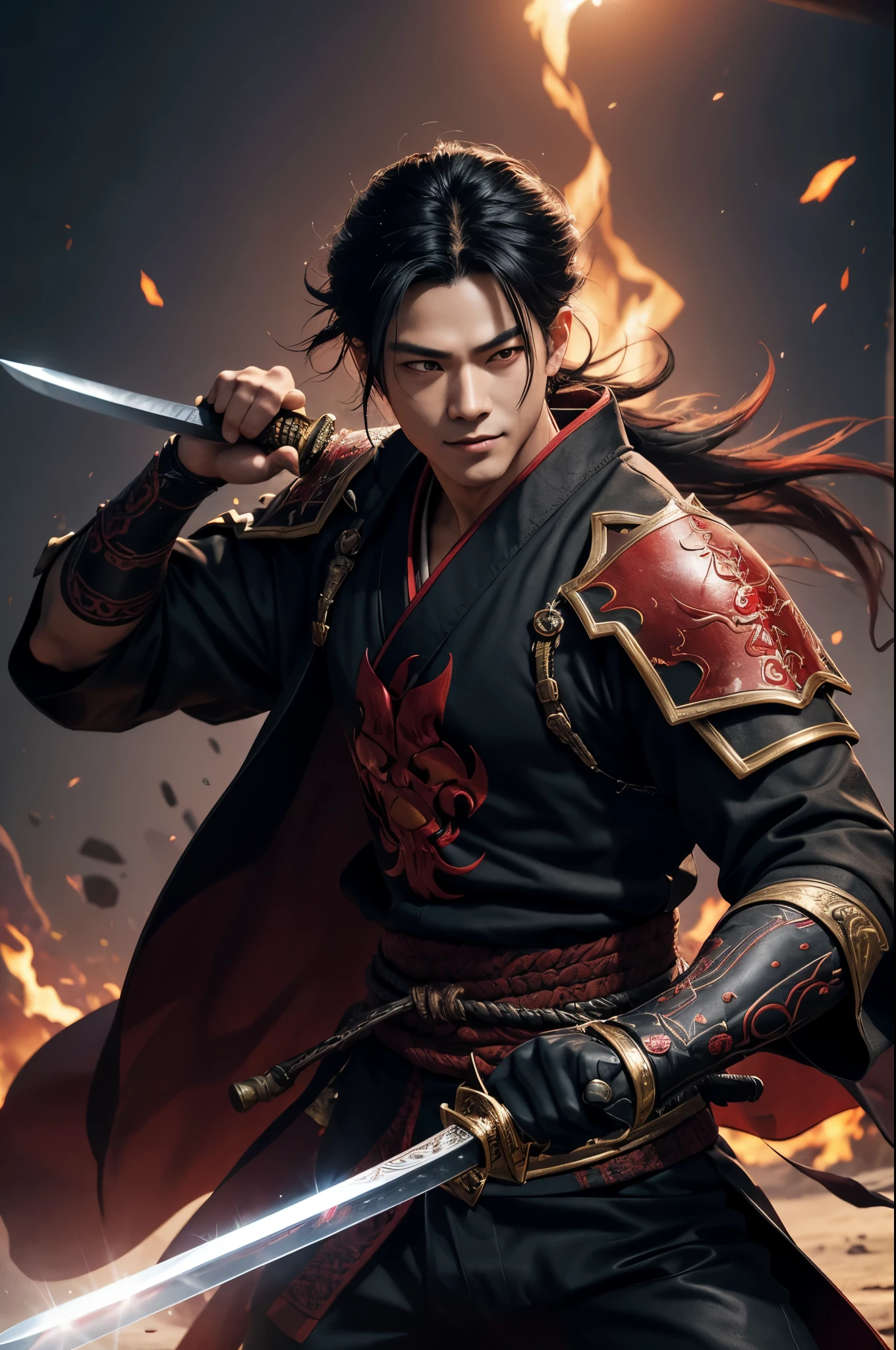 8k、alone、16 year old boy,Super beautiful teenager(like the real thing),red eyes(red glowing effect),Super beautiful teenager,black bob hair,black fabric men&#39;s kimono,black pants(devil&#39;s emblem embroidery),golden decoration,heading there、long and large Japanese sword,Demon Slayer boy wearing Demon Slayer male kimono,Remains,amazing work of art、wind effect:1.9、cloud effect:1.2、full rendering、Caustic soda coating、unreal engine,An innocent expression,cool boy,ultra high resolution,super realistic skin,Super precise hand details,fantasy art,smile,battle scene,action scene,action pose,fighting style,Photorealistic RAW photos of the highest quality。Backlight, cinematic lighting, film grain, to be born, 50mm lens, Nikon D850,realistic skin,fantasy art,character art,ultra high resolution,Macho with a muscular slender body,Precise facial details,Throw a long and large Japanese sword,fighting pose,dynamic pose,Red shoulder armor(demon emblem),Red Gauntlet(demon emblem),fearless laugh,Improve the quality of facial expressions,perspective from above,accurate  structure,perfect hands,