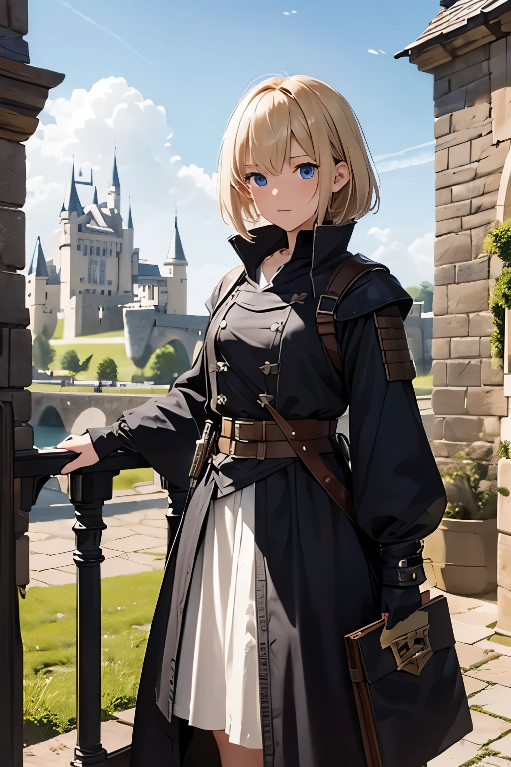 girl(solo)、soldier、messy blonde semi-short hair、cute、blue eyes、smart black adventurer clothes、equip a sword、equip the bag、leather belt、medicine、reading a book while standing、In front of a castle in medieval Europe、fantasy