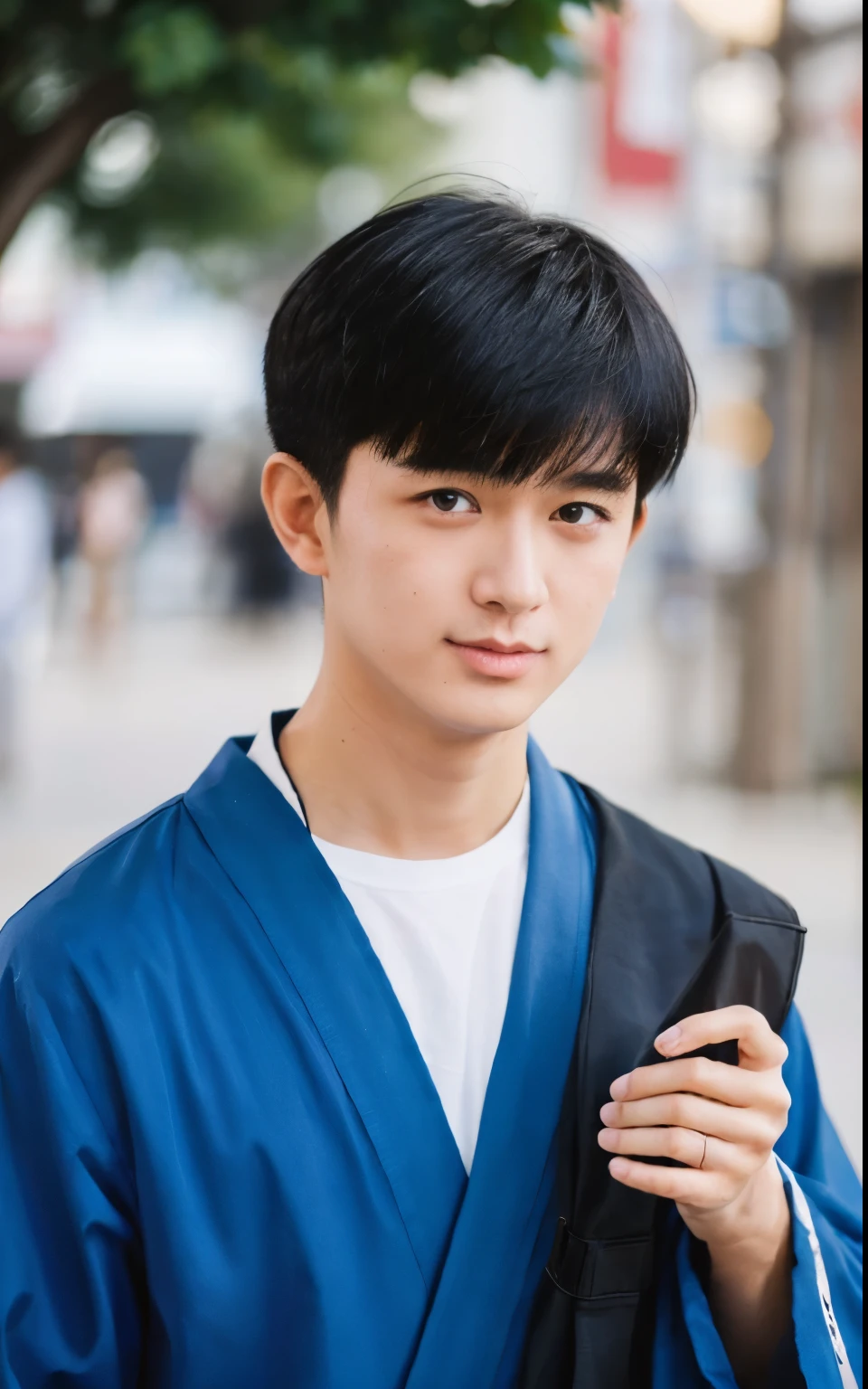 Good looking Japan person with black hair, Good looking boy in a blue kimono, Good looking boy walking in an amusement park, Good looking boy with short black hair, Photorealistic anime boy rendering, Real Life Anime Boy, Realistic young anime boys, Charming anime boys, realistic anime 3 d style, photorealistic anime, Cool realistic portrait, 3 d anime realistic, Hyper realistic anime, With black hair, With short hair