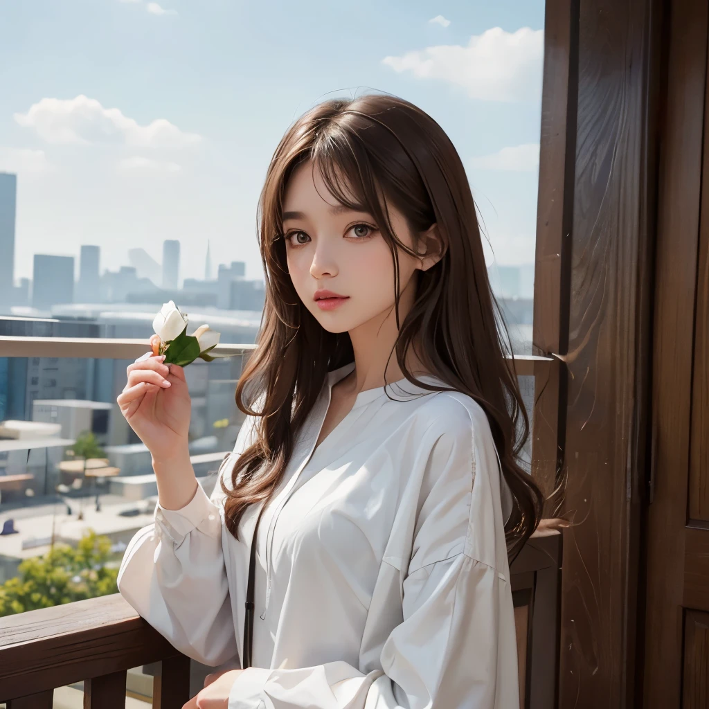 Girl, light brown hair, gray eyes, calm features, white skin, holding a rose in her hand