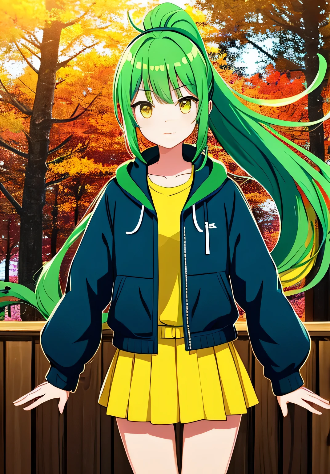 Anime Frau, long green hair, Pferdeschwanz, gelbe Augen, gelbes Shirt, green jacket, kurzer Rock, panties