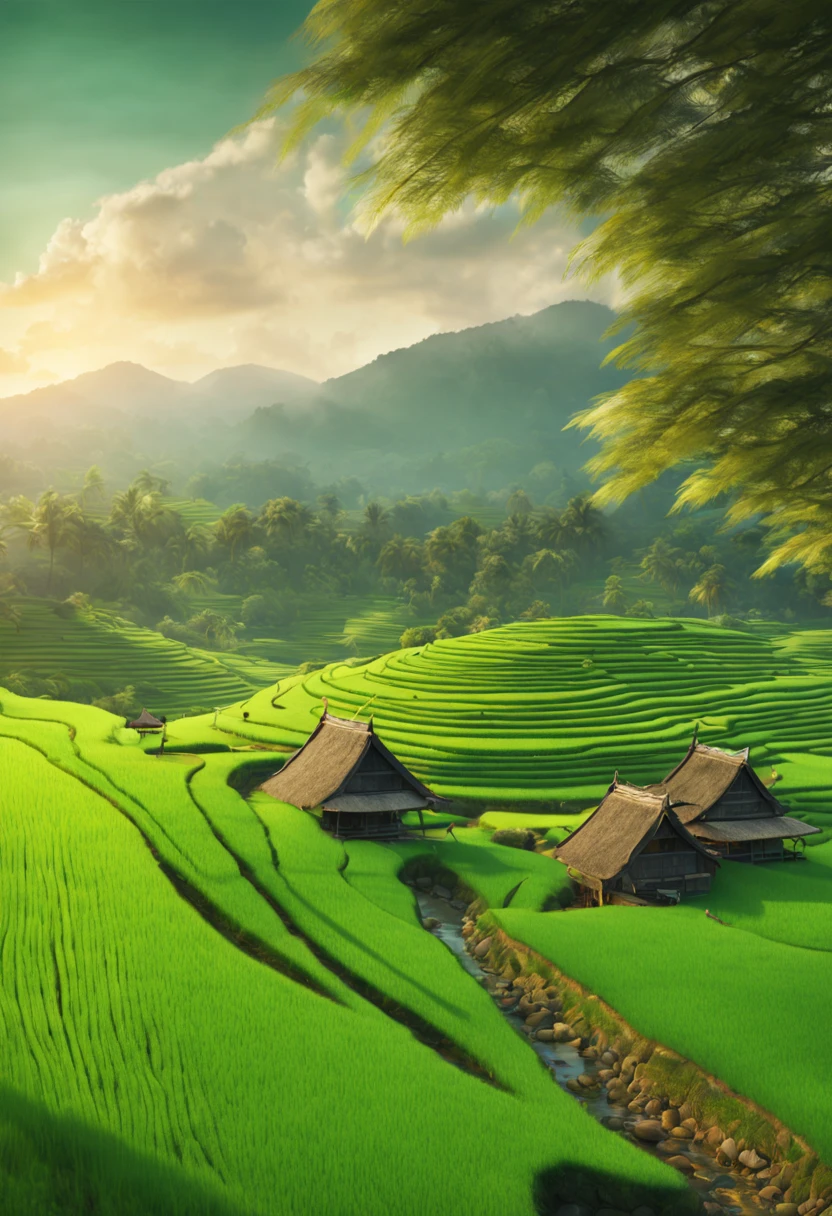 Verdant Rice Paddy Panorama: (masterpiece, 8K, photorealistic, illustration, Ray Tracing:1.4), expansive rice paddy, (emerald green rice plants, flowing in wind:1.3), ( farmers tending rice, conical straw hats:1.2), verdant fields, (mountains in distance:1.1), wispy clouds, vibrant blue sky, golden sunlight, long shadows, shallow irrigation canals, small gathering hut, dirt paths, traditional countryside, serene atmosphere, soft lighting, cinematic depth of field, aerial view, aesthetic