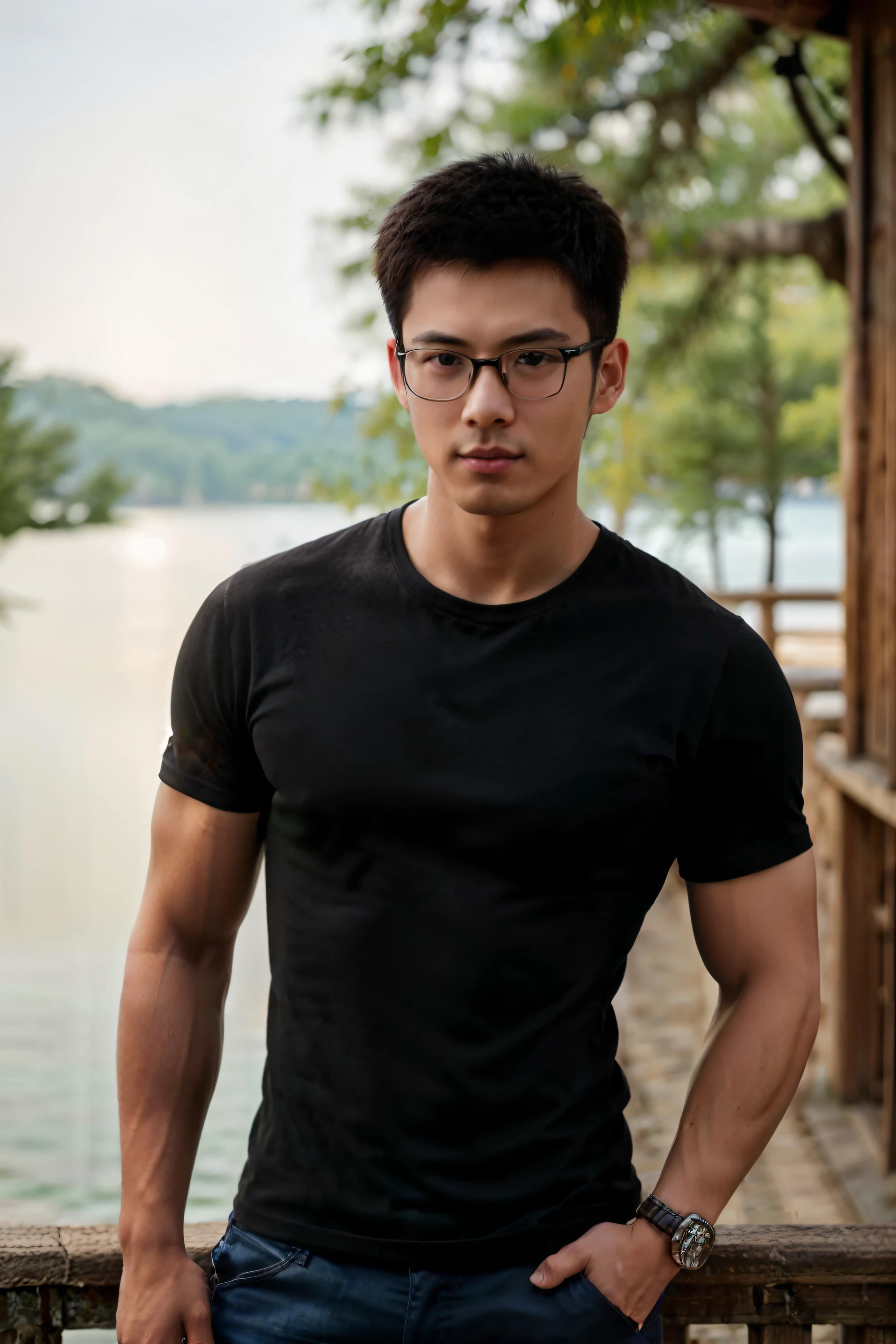 Wearing a black shirt、An Arad man in glasses stands by the lake, South Korean male, yanjun cheng, Cai Xukun, attractive face and body, photorealistic perfect body, handsome japanese demon boy, wearing tight shirt, korean muscle boy 2 1 , With glasses, inspired by Yanjun Cheng, prefect body, handsome chad chin, highly realistic photograph