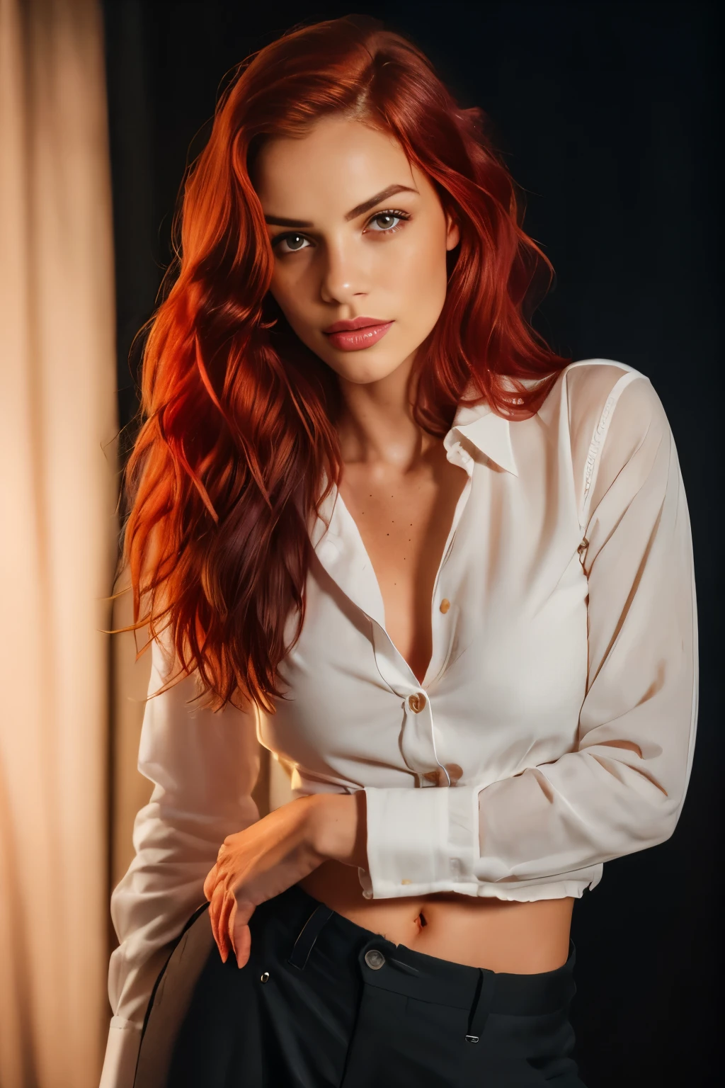 A photo of a seductive woman with flowing red hair, posing in a dark studio, she is wearing button-down shirt and pants, intricate details, goosebumps, perfect face, shy, prudish, (light freckles:0.9), ((photorealistic) :1.2), RAW
