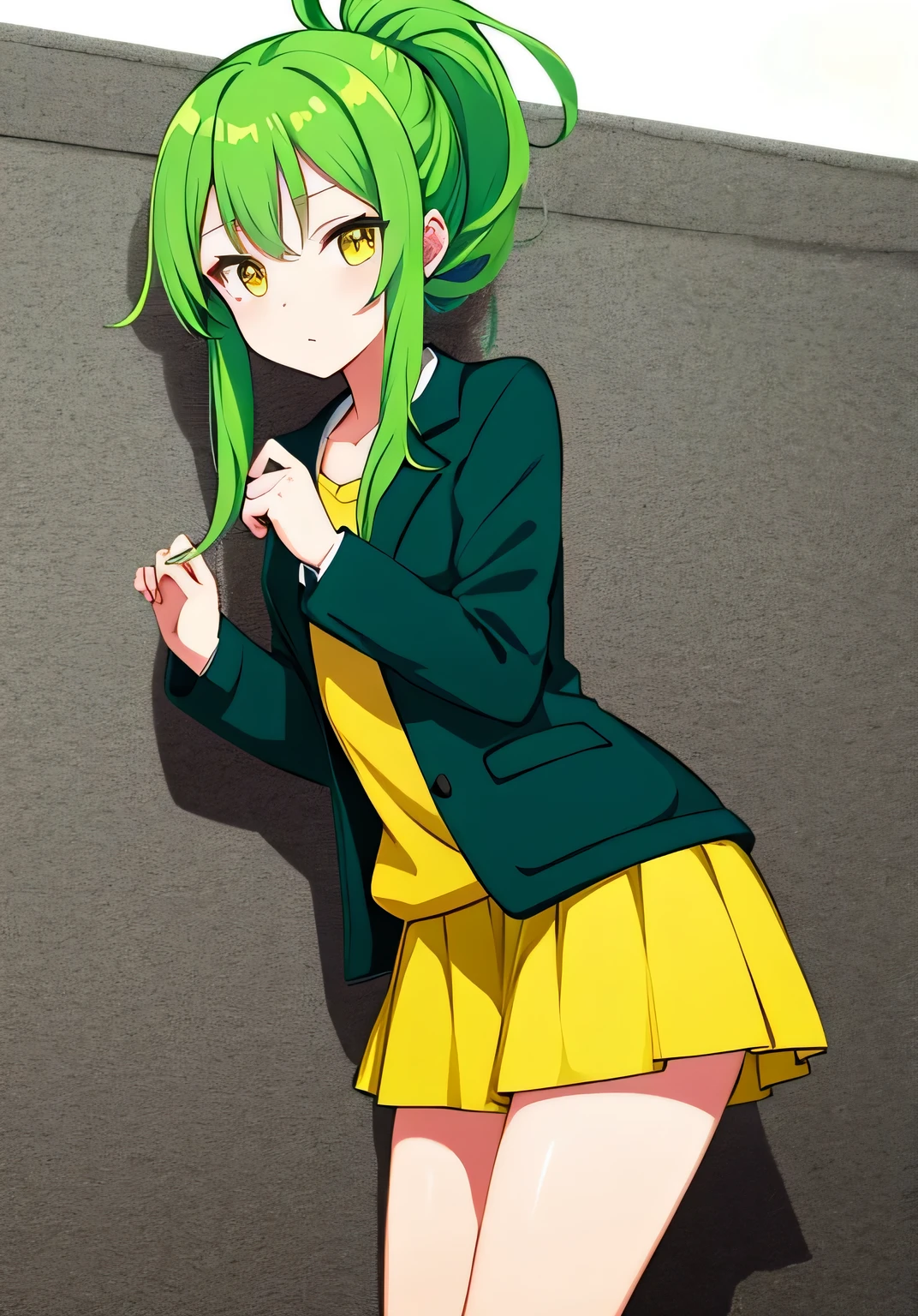 Anime Frau, long green hair, Pferdeschwanz, gelbe Augen, gelbes Shirt, green jacket, kurzer Rock, panties