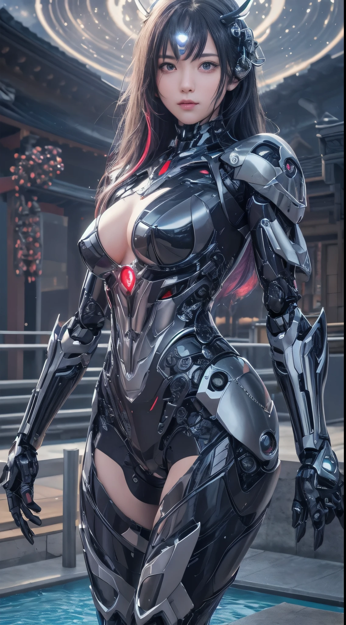 cowboy shot, caustics,reflection,ray tracing,devil theme,nebula,dark aura,cyber effect, (1 girl:1.4),alone,alone,mecha musume,mechanical parts, robot joints,single mechanical arm, headgear, mechanical harrow,hello star,intricate mechanical bodysuit, mech corset, kimono, full armor, very long hair,gray hair, hair between eyes, colorful hair, inner hair coloring, red eyes,glowing eyes,Eye marks, random expression,random action, ancient japanese architecture,pool, starry sky,skyline,