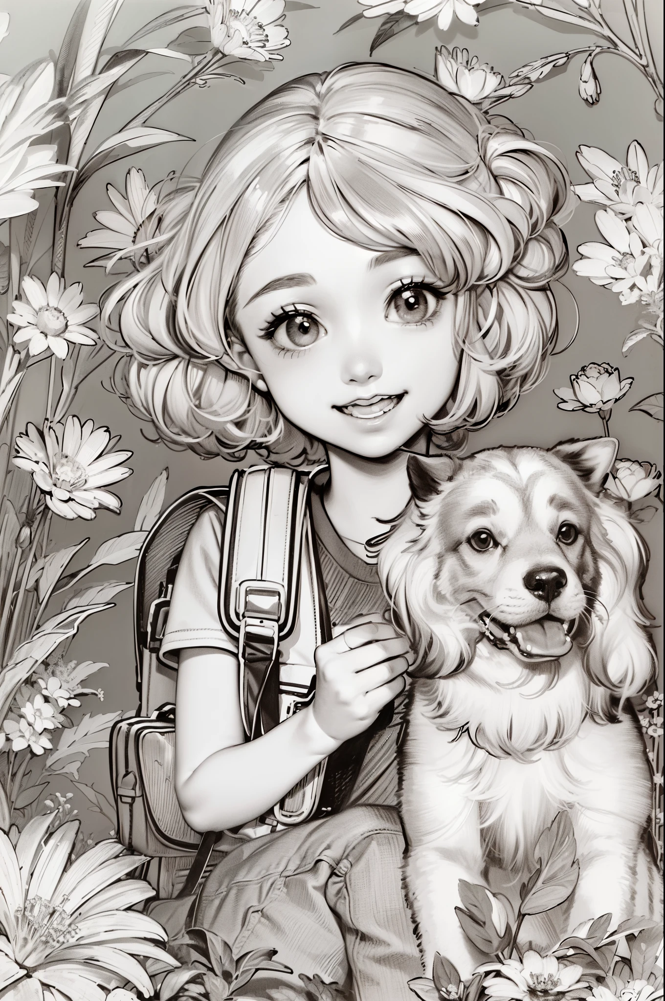 A very adorable with a backpack and her cute puppy enjoying a beautiful spring walk surrounded by flowers and nature. The illustration is a illustration with detailed facial features and cartoon-style visuals, (high contrast, sketch, monochrome, clean line drawings for coloring book:1.5)