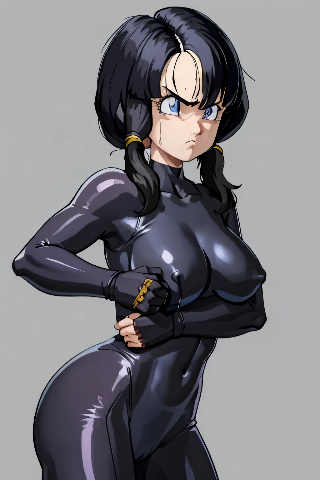 masterpiece, highest quality,High resolution, , 1girl, alone, body suit, gun,girl,videl,saw 2, blue eyes, black hair, Low twintails and short cut, medium breasts, frown,girl1名, Black tight suit,拳gunを構える