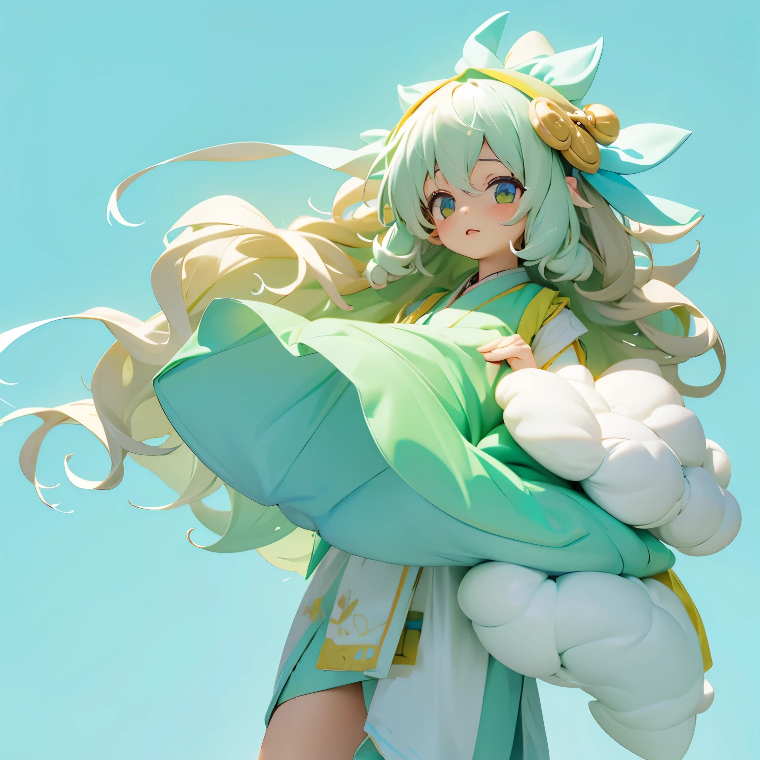 Asian female with long white hair dressed in pastel blue with a male with short curly brown hair dressed in pastel green and a bandana on his head with chiki and euuki written on it.
