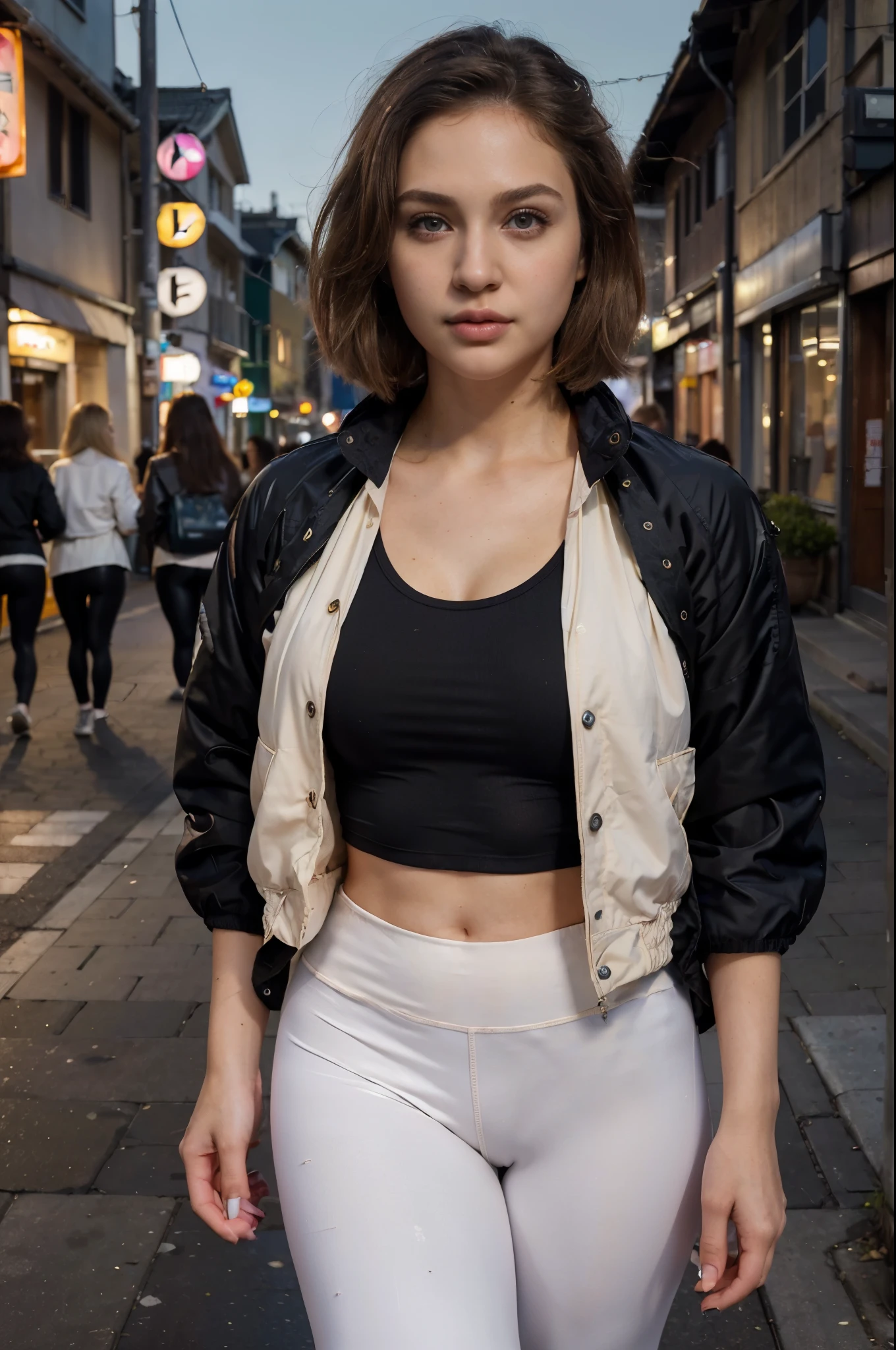 best quality, (masterpiece:1.4), (photorealistic:1.4), detailed eyes, detailed face, lovely face, detailed hair, 1girl, full body,  (((22 years old))),  white skin, brown eyes, , pink lips, blond short hair, ((black sports jacket)), ((black leggings)),looking on the viewer, outdoor, walking by the night modern japanese street