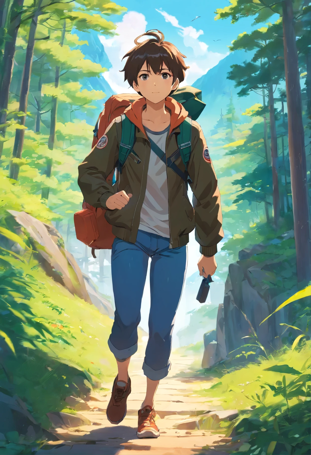anime characters, with a backpack, Leather jacket, running , side view, adventurous, role playing game,male,Mountain