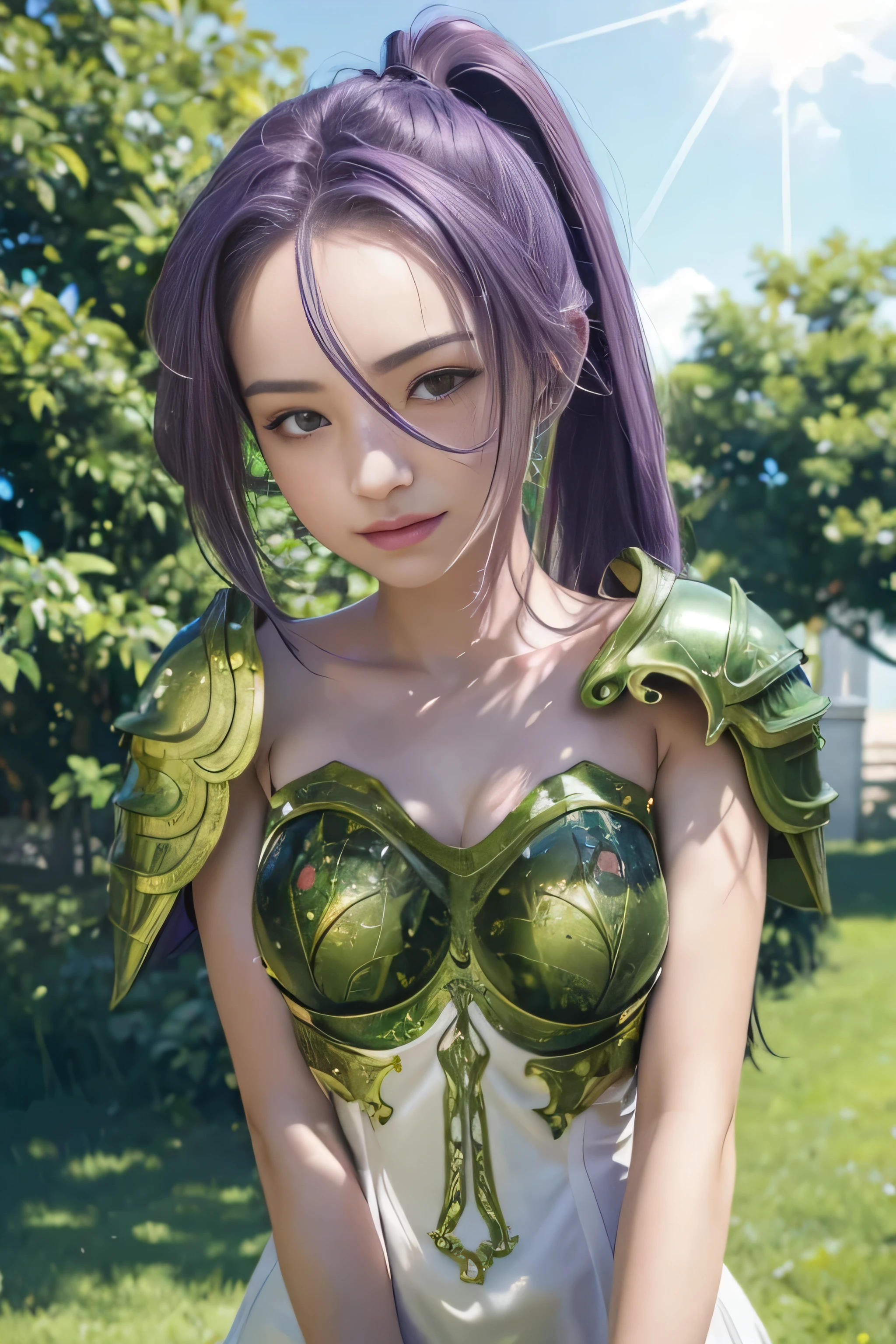 masterpiece, best quality, (realistic,photo-realistic:1.4), (RAW photo:1.2), extremely detailed CG unity 8k wallpaper, delicate and beautiful, amazing,finely detail, official art, absurdres, incredibly absurdres, huge filesize, ultra-detailed,extremely detailed eyes and face,light on face,(little smile),(purple hair:1.4),(long hair:1.6),(wearing green armor:1.5),garden,(medium breast:1.3),ponytail
