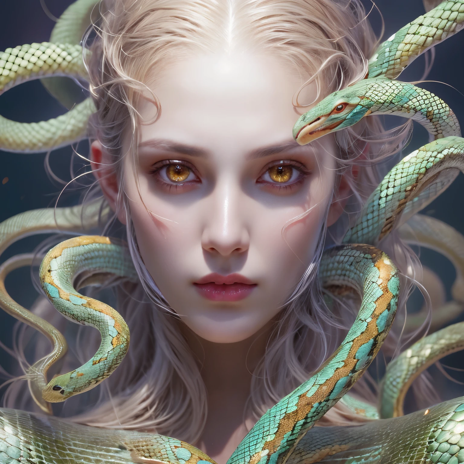 (1 female medusa-like mutant: 1.2), With a beautiful, enchanting face, this alien seduces us with her allure. Her captivating red eyes gleam brightly, reminiscent of burning embers. Her full body is unlike any human's, boasting a sexy, otherworldly form. No humans are present in this scene as she stands alone, her cells fused in a unique and intriguing extraterrestrial way.
(extraordinary beautiful nude photo:1.4), (glowing Serpentine eyes:1.5), (sexy and glamorous:1.1), (coquettish expression:1.2), toned lean body, (muscular:1.2), (beautiful abs:1.5), beautiful nipples,  She has lots of iridescent translucent tentacles instead of her hair, pale skin, (white skin with prominent veins:1.3),
Lots of iridescent translucent tentacles adorn her body, shimmering under the dramatic lighting. Her pale skin, with a hint of translucency, adds to her ethereal allure. This masterpiece, rendered in, (There is a female genital-like organ in the middle of the forehead:1.6),