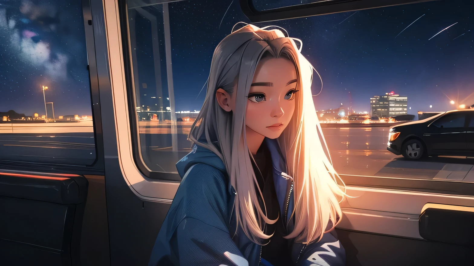 train,  Sit by the window,  take a pensive posture, look at the stars, My head got stuck in the glass, Scenery passing by at high speed, night trip, beautiful starry sky, Beautiful girl, UHD Portraits, (high quality) (ultra detail) Observation of a viewer wearing hip-hop style street clothes; different, fancy, long colored silver hair 🌈