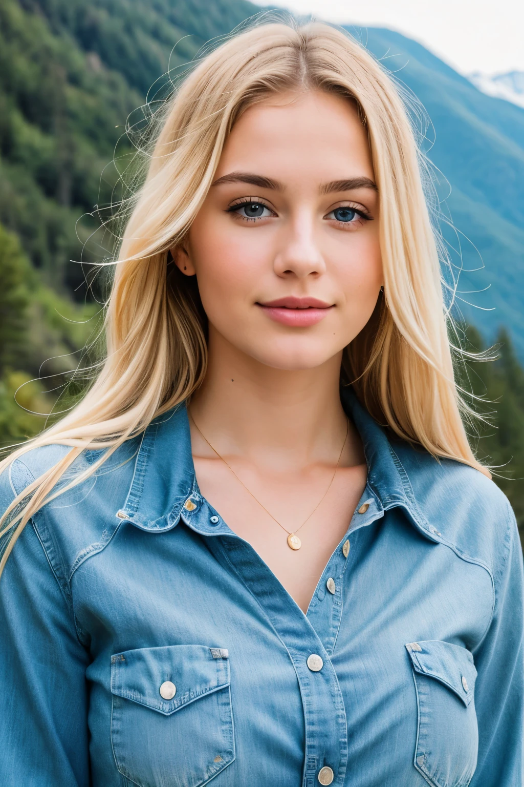 Blonde girl ,In the mountains, 24 years old, beautiful colour, Perfect skin ,3 bust size , instagram (Realistic, A high resolution),photo size 3:4, 1 cute sexy girl , (, long hair), large expressive blue eyes, happy, (8K, raw photo, Best quality, Masterpiece:1.2), (Realistic, photo-Realistic:1.37),(sharp focus:1.2), Professional , High detail, on photoshoot
