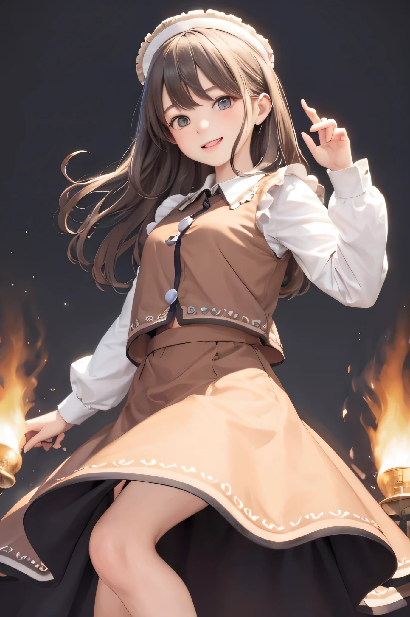 masterpiece, best quality,   1 girl,brown hair,brown eyes,long hair,long sleeves,skirt,Smile,trumpet,白skirt，whole body，one hand raised，Hand holding speaker on gray background,