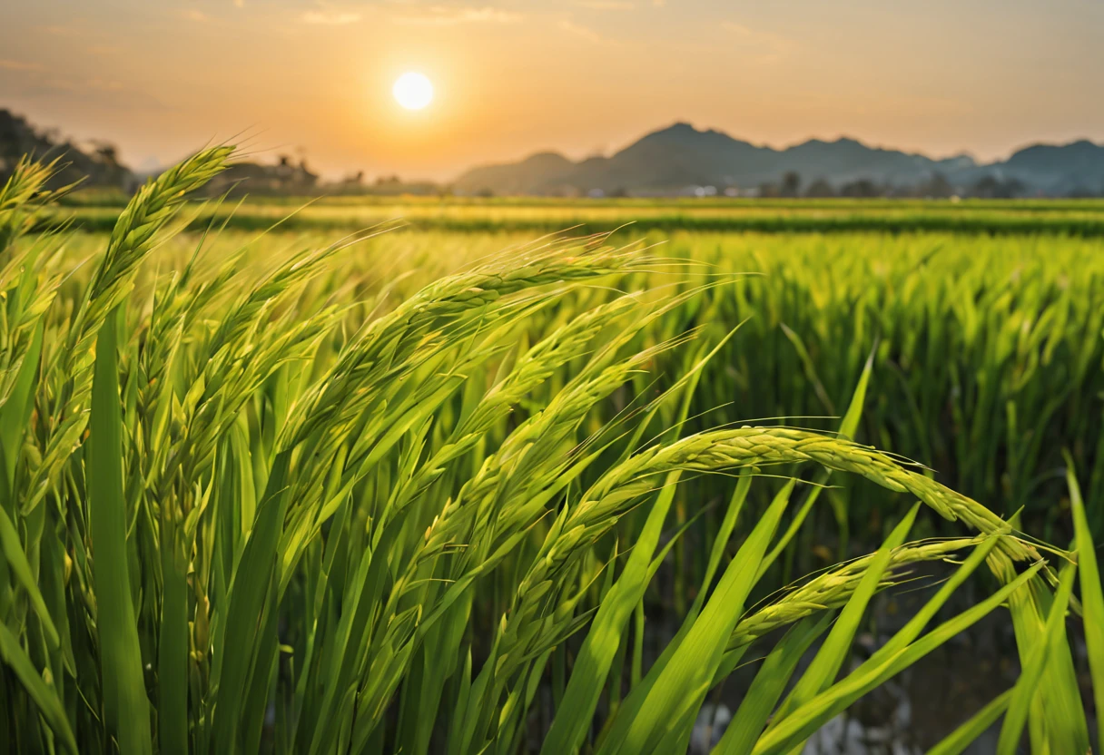 rice paddy/paddy(masterpiece, best quality, Super detailed, lifelike),光暈渲染在一望無際paddy.夕陽西下照映paddy.Brilliant light and shadow.Close-up of rice ears.plump and low.The wind blows the rice waves.paddy旁的野餐.There are ears of rice in the foreground(best quality,4k,8K,high resolution,masterpiece),super detailed,