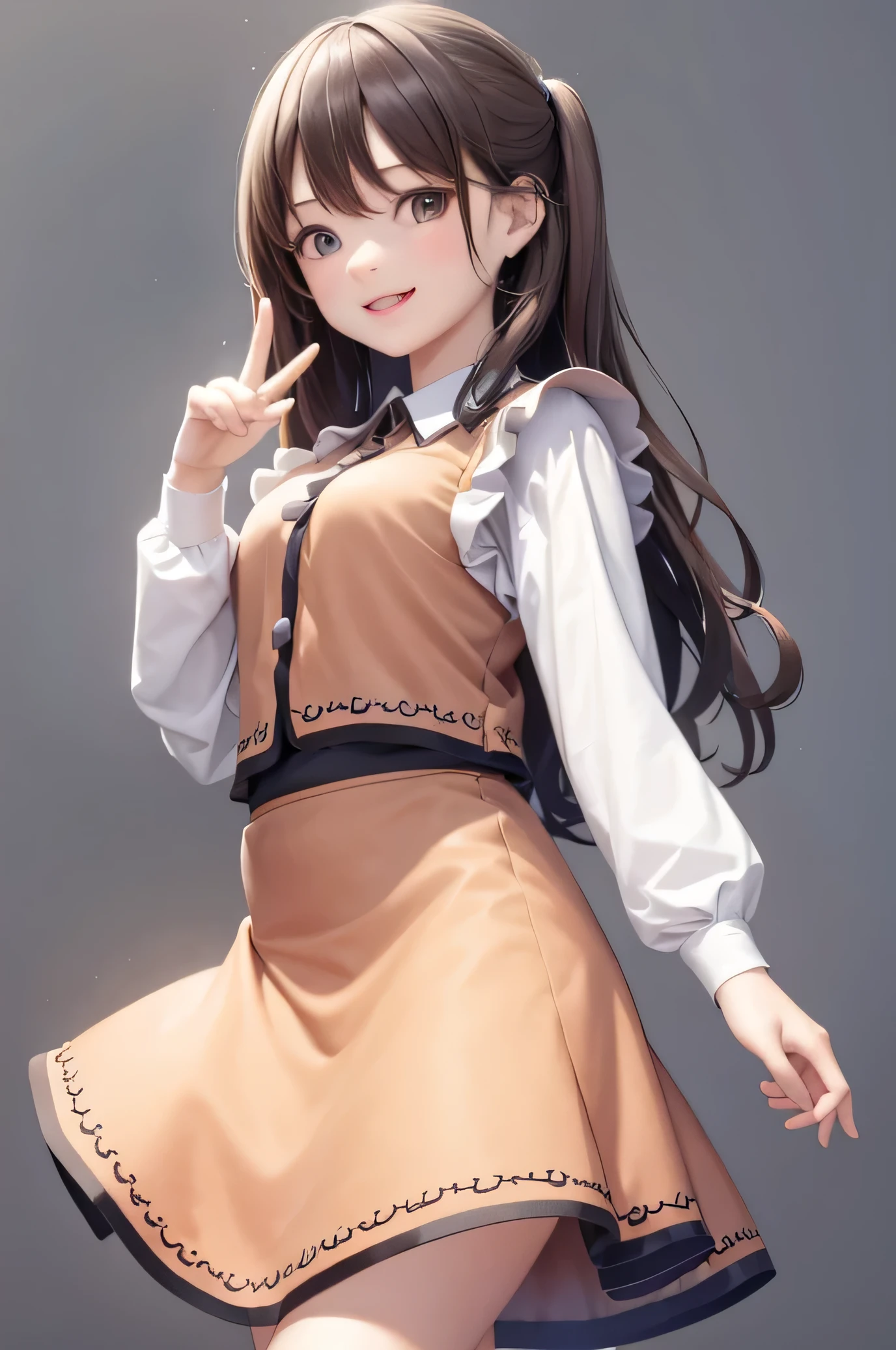 masterpiece, best quality,   1 girl,brown hair,brown eyes,long hair,long sleeves,skirt,Smile,trumpet,白skirt，whole body，one hand raised，Hand holding speaker on gray background,