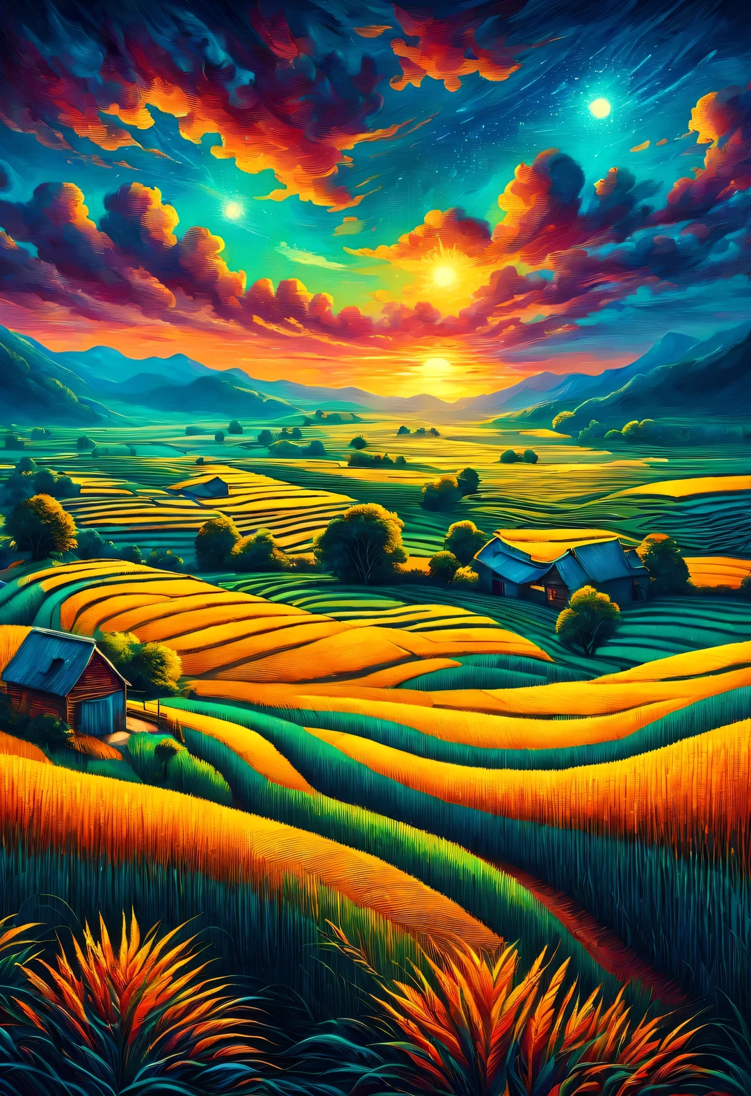 Dan Mumford style,best quality, 8k, high quality, masterpiece: 1.2, Ultra-fine, realism: 1.37, double contact,
(Endless rice fields and ), blue sky, dreamy atmosphere, bright color palette, Vibrant shades, Impressionist brushstrokes, Subtle lighting effects, sunset on the horizon, nature and sky, textured brushstrokes, Crops are abundant、Vibrant, dusk atmosphere, Peaceful idyllic scenery, Shining stars light up the night, create tranquility、Picturesque setting, Be inspired by Van Gogh's style and technique. Sublime and atmospheric depiction, ethereal beauty, Fascinating celestial phenomenon,