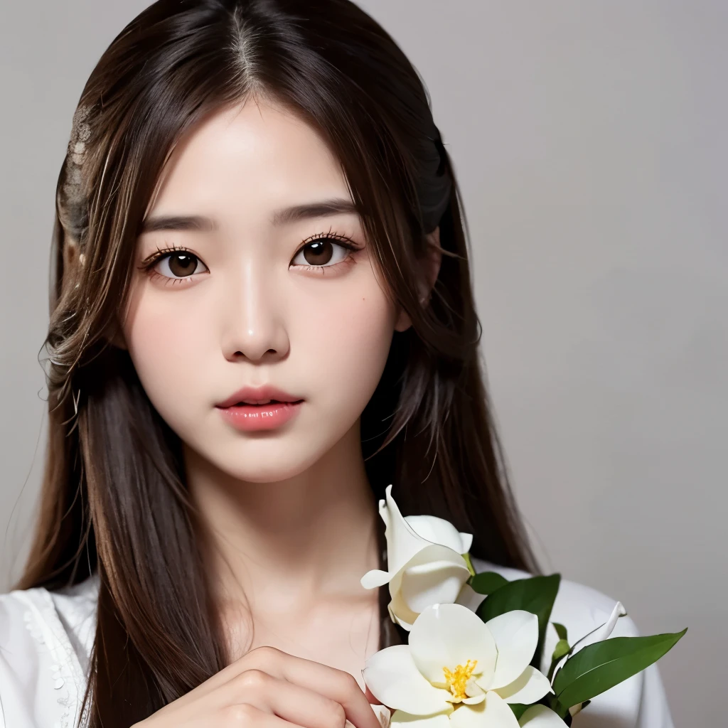 Girl, long brown hair, gray eyes, sharp features, white skin, holding jasmine flowers in her hand