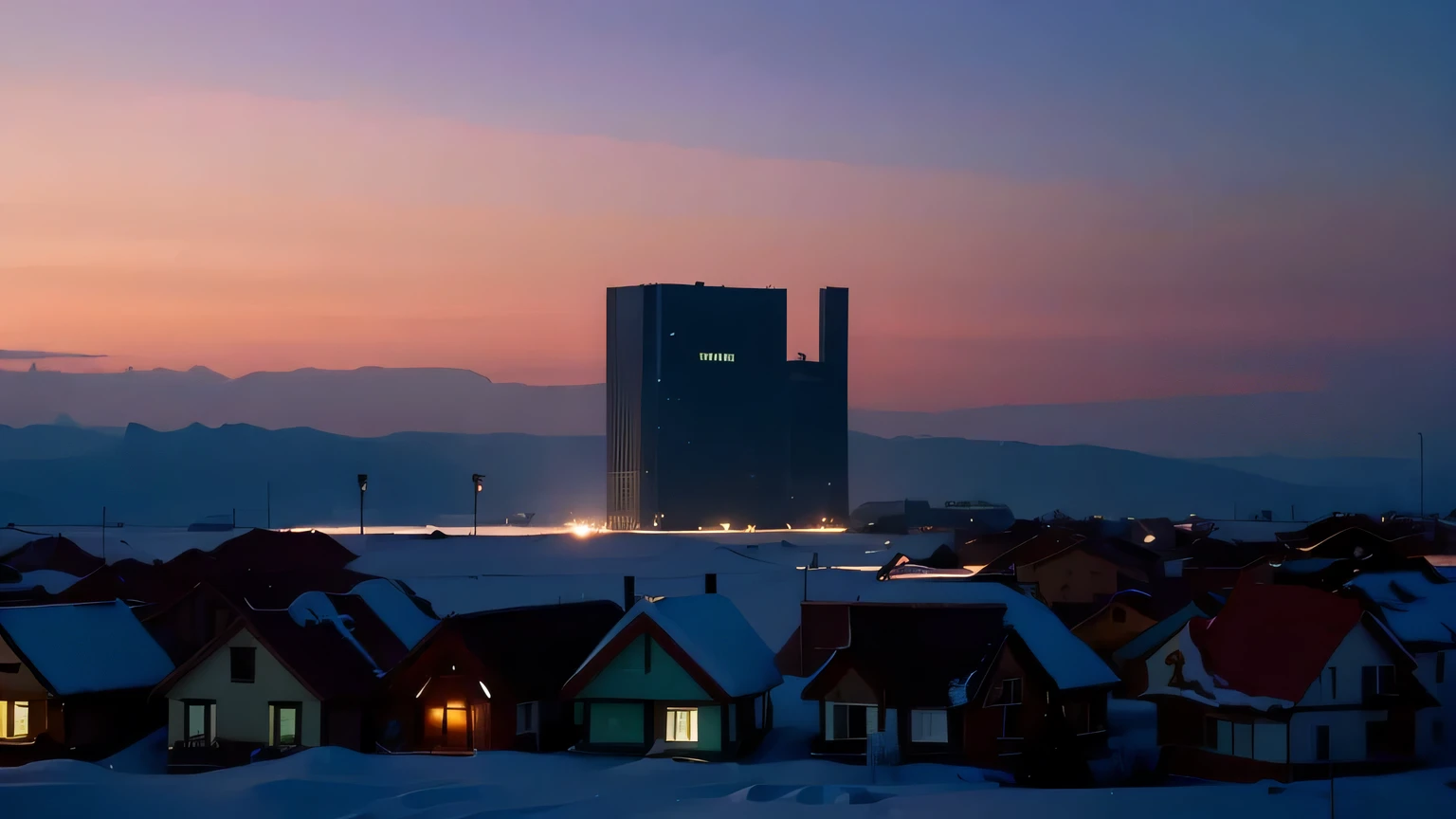 (8k, masterpiece,best quality), Super detailed, beautiful details, lifelike, bird'eye view,There are 5 houses in the picture,6 roads,Cold wind and snowy day,Nordic town,outdoors at night,soft neon light,Advanced shadow texture,Award-winning material design, There is a gradient,cyberpunk,depth of field,16:9
