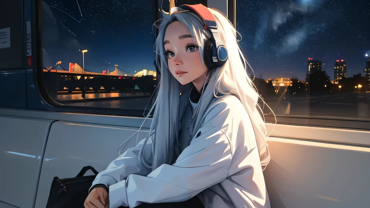 train,  Sit by the window, wearing headphones, Put your hands between your legs, take a pensive posture, look at the stars, My head got stuck in the glass, Scenery passing by at high speed, night trip, beautiful starry sky, Beautiful girl, UHD Portraits, (high quality) (ultra detail) Observation of a viewer wearing hip-hop style street clothes; different, fancy, long colored silver hair 🌈