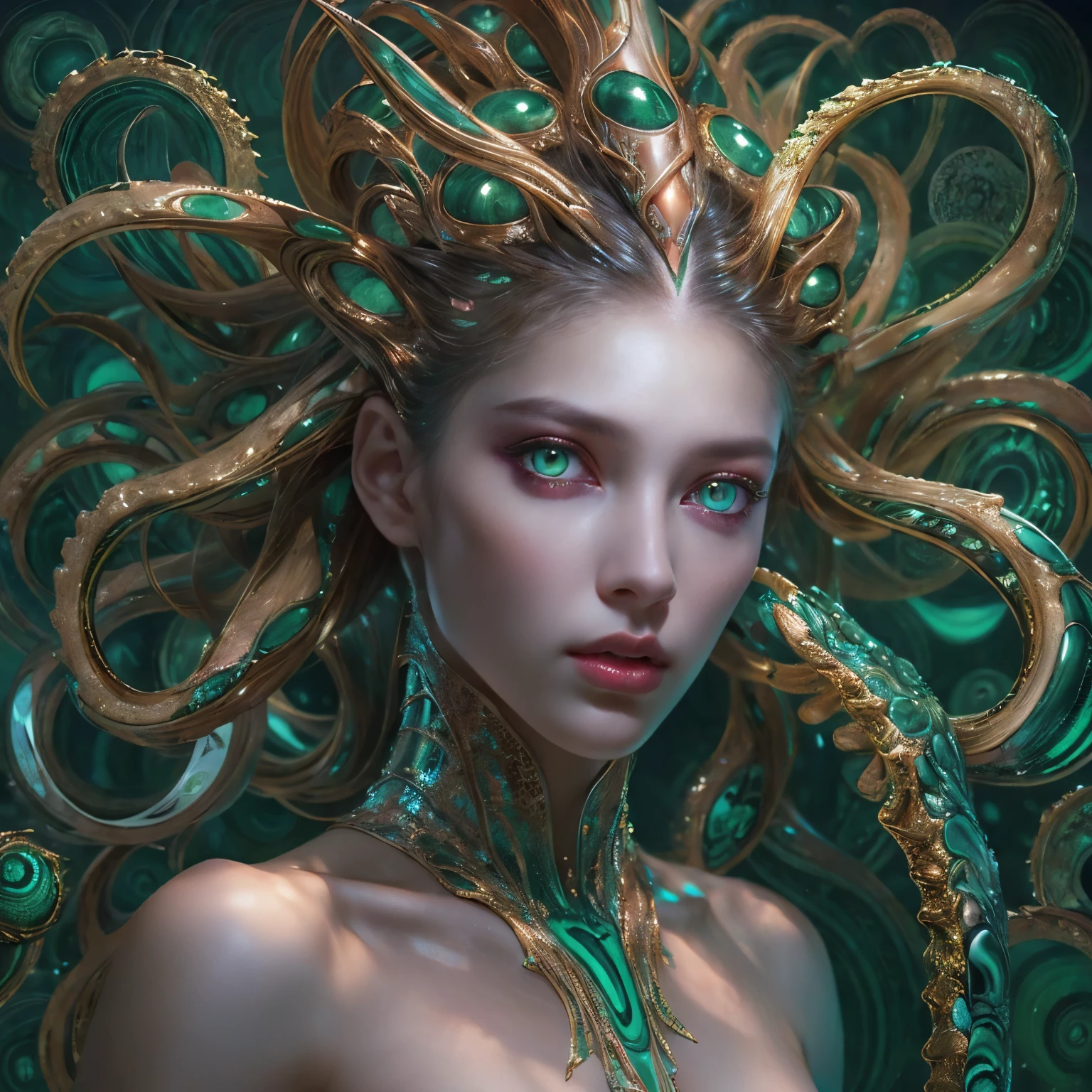 (1 female medusa-like mutant: 1.2), With a beautiful, enchanting face, this alien seduces us with her allure. Her captivating red eyes gleam brightly, reminiscent of burning embers. Her full body is unlike any human's, boasting a sexy, otherworldly form. No humans are present in this scene as she stands alone, her cells fused in a unique and intriguing extraterrestrial way.
(extraordinary beautiful nude photo:1.4), (glowing Malachite eyes:1.5), (sexy and glamorous:1.1), (coquettish expression:1.2), toned lean body, (muscular:1.2), (beautiful abs:1.5), beautiful nipples, She has lots of iridescent translucent tentacles instead of her hair, pale skin, (white skin with prominent veins:1.3),
Lots of iridescent translucent tentacles adorn her body, shimmering under the dramatic lighting. Her pale skin, with a hint of translucency, adds to her ethereal allure. This masterpiece, rendered in, (There is a female genital-like organ in the middle of the forehead:1.6),
