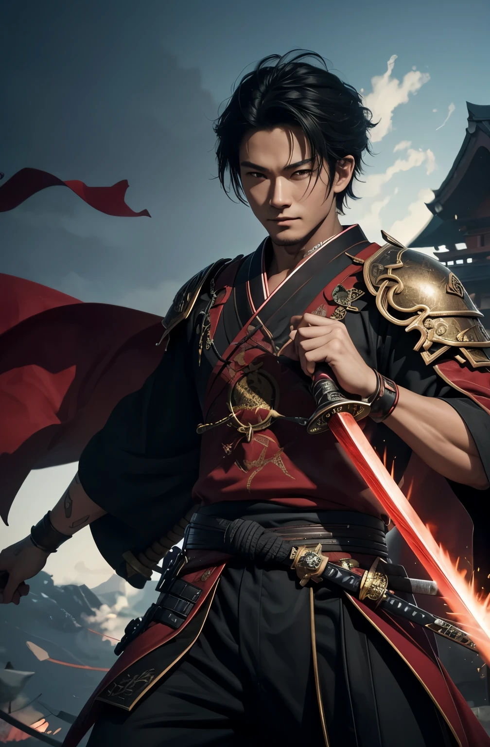 8k、alone、16 year old boy,Super beautiful teenager(like the real thing),red eyes(red glowing effect),Super beautiful teenager,black bob hair,black fabric men&#39;s kimono,black pants(devil&#39;s emblem embroidery),golden decoration,heading there、long and large Japanese sword,Demon Slayer boy wearing Demon Slayer male kimono,Remains,amazing work of art、wind effect:1.9、cloud effect:1.2、full rendering、Caustic soda coating、unreal engine,An innocent expression,cool boy,ultra high resolution,super realistic skin,Super precise hand details,fantasy art,smile,battle scene,action scene,action pose,fighting style,Photorealistic RAW photos of the highest quality。Backlight, cinematic lighting, film grain, to be born, 50mm lens, Nikon D850,realistic skin,fantasy art,character art,ultra high resolution,Macho with a muscular slender body,Precise facial details,Throw a long and large Japanese sword,fighting pose,dynamic pose,Red shoulder armor(demon emblem),Red Gauntlet(demon emblem),fearless laugh,Improve the quality of facial expressions,perspective from above,accurate  structure,perfect hands,