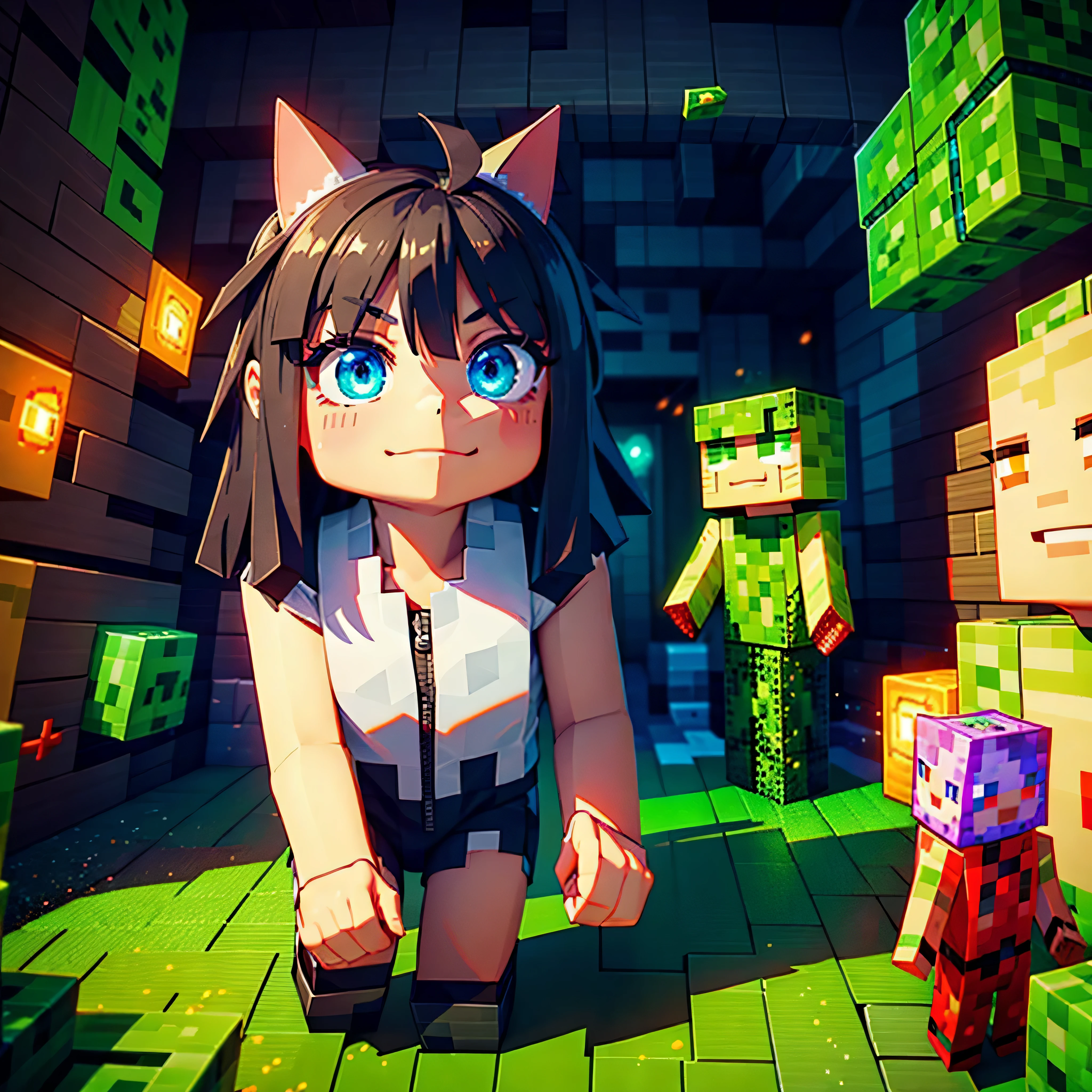 iluminacion de neon ,epic, 32K high resolution image. The image must be super original and complex..., con una variedad de colores hermosos y vibrantes luces con letras de luces de neon colores vibrantes., Ultra quality and definition),,obra maestra, ((1 beautiful  boy playing video games on a latest generation PC smiling and having fun, gorra en la cabeza;1,3)),(( jugador, in a room with many intricate decorations, pose dinamica,(Creeper minicraft character dolls:1.4), publicaciones que hacen minecraft))), varied multi etc. --v 6 --s 1000 --c 20 --q5 --chaos 100