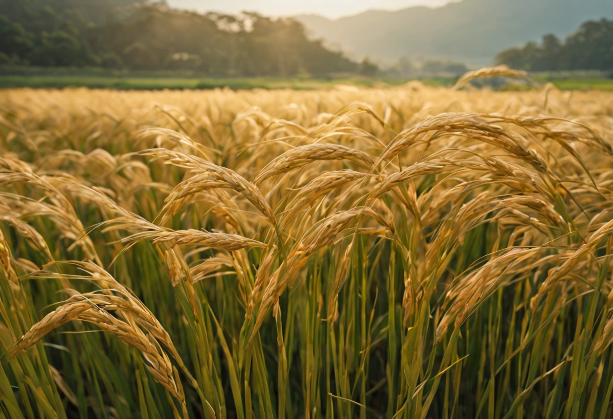 rice paddy/paddy(masterpiece, best quality, Super detailed, lifelike),光暈渲染在一望無際paddy.夕陽西下照映paddy.Brilliant light and shadow.Close-up of rice ears.plump and low.The wind blows the rice waves.paddy旁的野餐.There are ears of rice in the foreground(best quality,4k,8K,high resolution,masterpiece),super detailed,