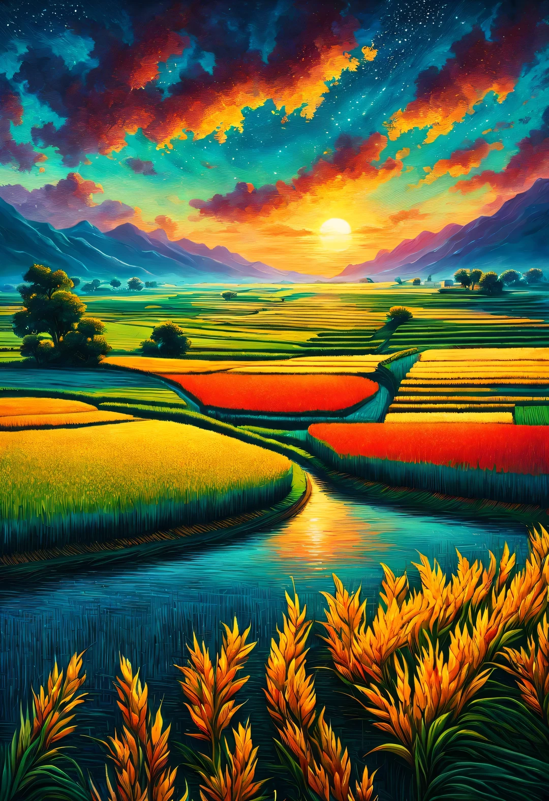 Dan Mumford style，best quality, 8k, high quality, masterpiece: 1.2, Ultra-fine, realism: 1.37, double contact,
(Endless rice fields and ), blue sky, dreamy atmosphere, pastel color palette, Vibrant shades, Impressionist brushstrokes, Subtle lighting effects, sunset on the horizon, nature and sky, textured brushstrokes, Crops are abundant、Vibrant, dusk atmosphere, Peaceful idyllic scenery, Shining stars light up the night, create tranquility、Picturesque setting, Be inspired by Van Gogh&#39;s style and technique. Sublime and atmospheric depiction, ethereal beauty, Fascinating celestial phenomenon,