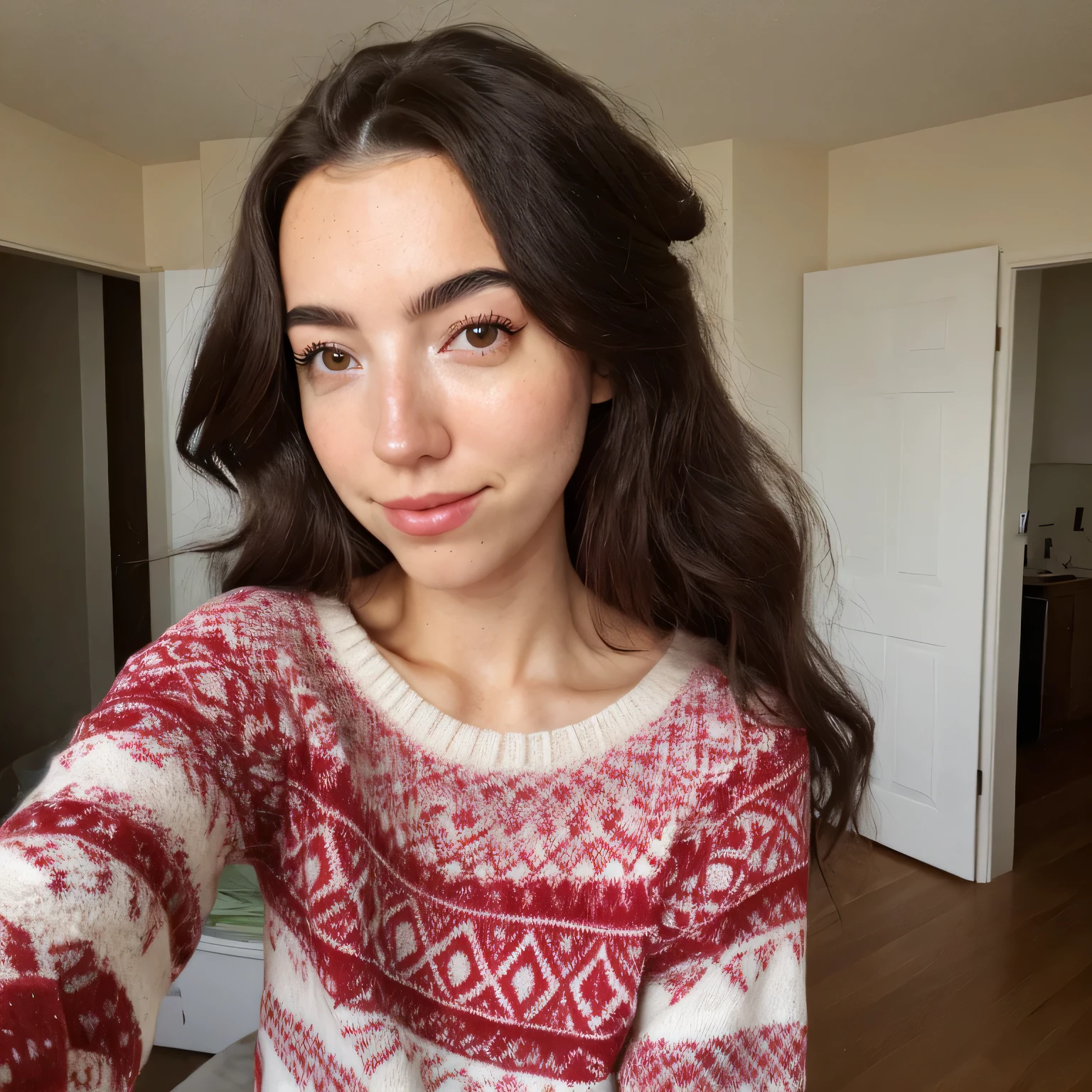 bunnbree, 1girl brown long weavy curly hair, wearing christmas sweater, in house background, have some wrinkles and eyebags, selfie