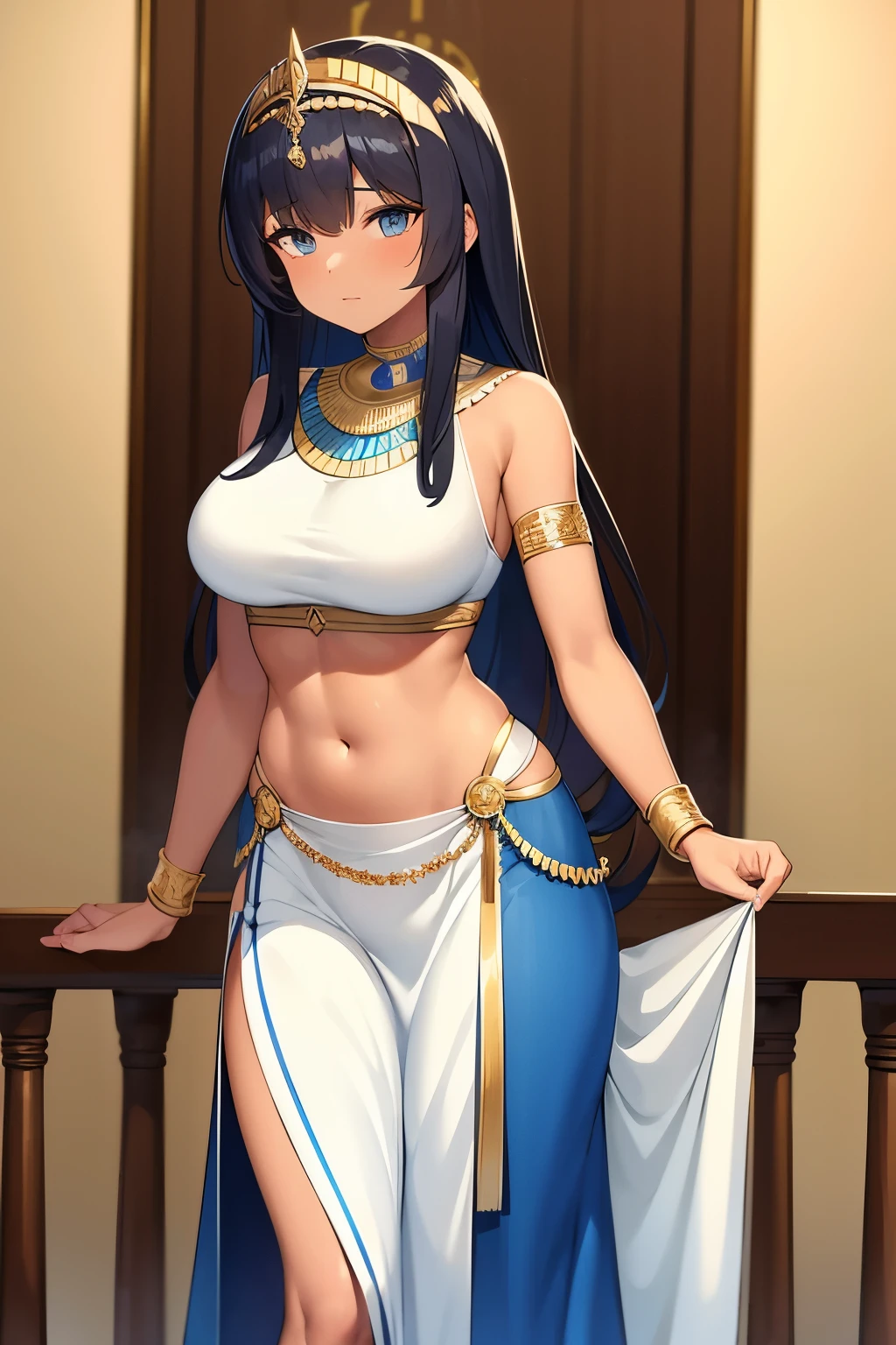 1girl, bangs, long hair, egyptian queen, tan skin, brown skin, blue eyes, white dress, midriff, middle-aged woman, mother