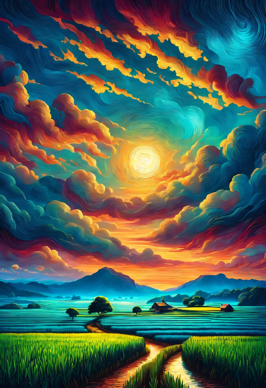 Dan Mumford style，best quality, 8k, high quality, masterpiece: 1.2, Ultra-fine, realism: 1.37, double contact,
(Endless rice fields and ), blue sky, dreamy atmosphere, bright color palette, Vibrant shades, Impressionist brushstrokes, Subtle lighting effects, sunset on the horizon, nature and sky, textured brushstrokes, Crops are abundant、Vibrant, dusk atmosphere, Peaceful idyllic scenery, Shining stars light up the night, create tranquility、Picturesque setting, Be inspired by Van Gogh&#39;s style and technique. Sublime and atmospheric depiction, ethereal beauty, Fascinating celestial phenomenon,