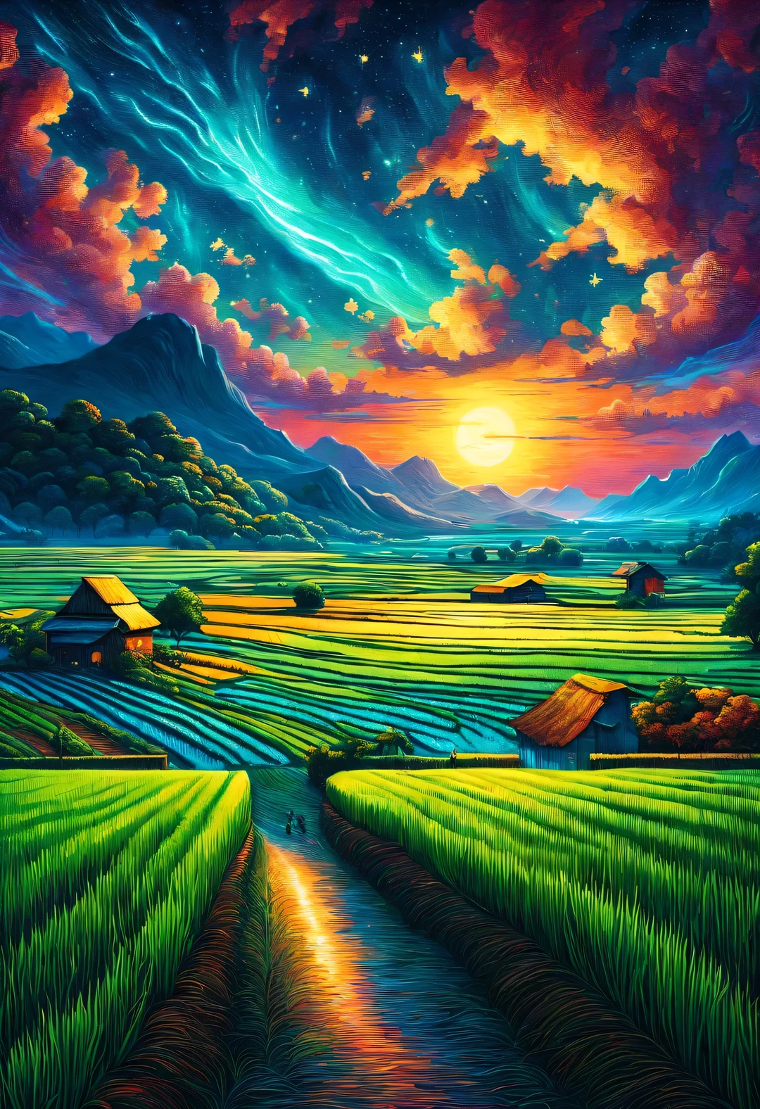 Dan Mumford style，best quality, 8k, high quality, masterpiece: 1.2, Ultra-fine, realism: 1.37, double contact,
(Endless rice fields and ), blue sky, dreamy atmosphere, bright color palette, Vibrant shades, Impressionist brushstrokes, Subtle lighting effects, sunset on the horizon, nature and sky, textured brushstrokes, Crops are abundant、Vibrant, dusk atmosphere, Peaceful idyllic scenery, Shining stars light up the night, create tranquility、Picturesque setting, Be inspired by Van Gogh&#39;s style and technique. Sublime and atmospheric depiction, ethereal beauty, Fascinating celestial phenomenon,