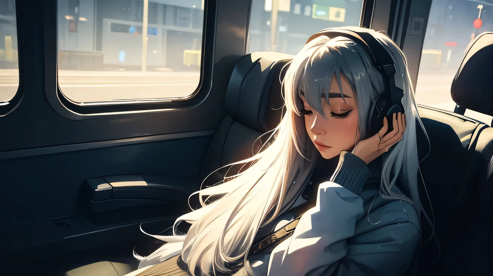 train, Sit by the window, Restful sleep, Put your hand between your legs., wearing headphones, take a posture to listen to music, Dark interior, My head got stuck in the glass, Scenery passing by at high speed, night trip, rainy night sky, Beautiful girl, UHD Portraits, (high quality) (ultra detail) Observation of a viewer wearing hip-hop style street clothes; different, fancy, long colored silver hair 🌈