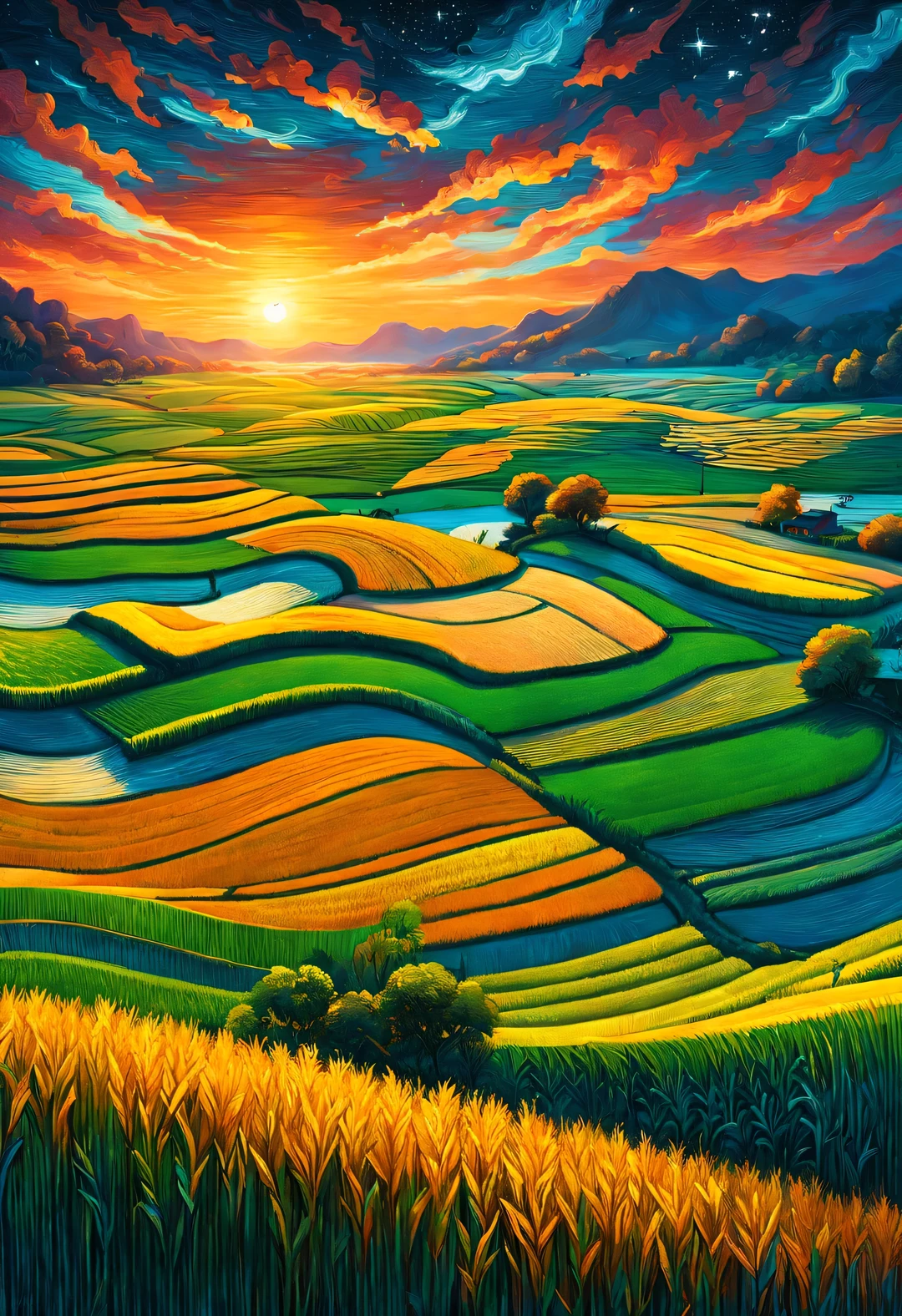 Dan Mumford style，best quality, 8k, high quality, masterpiece: 1.2, Ultra-fine, realism: 1.37, double contact,partial reflection
(Endless rice fields and ), blue sky, dreamy atmosphere, pastel color palette, Vibrant shades, Impressionist brushstrokes, Subtle lighting effects, sunset on the horizon, nature and sky, textured brushstrokes, Crops are abundant、Vibrant, dusk atmosphere, Peaceful idyllic scenery, Shining stars light up the night, create tranquility、Picturesque setting, Be inspired by Van Gogh&#39;s style and technique. Sublime and atmospheric depiction, ethereal beauty, Fascinating celestial phenomenon,