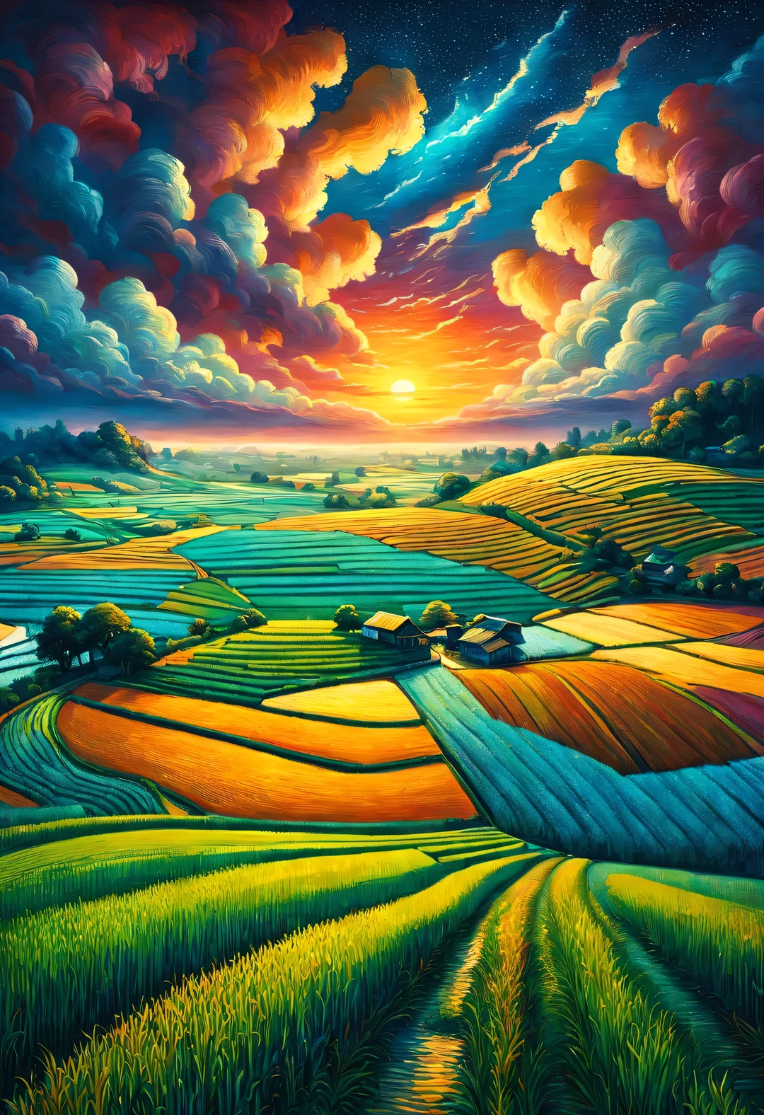Dan Mumford style,best quality, 8k, high quality, masterpiece: 1.2, Ultra-fine, realism: 1.37, double contact,
(Endless rice fields and ), blue sky, dreamy atmosphere, pastel color palette, Vibrant shades, Impressionist brushstrokes, Subtle lighting effects, sunset on the horizon, nature and sky, textured brushstrokes, Crops are abundant、Vibrant, dusk atmosphere, Peaceful idyllic scenery, Shining stars light up the night, create tranquility、Picturesque setting, Be inspired by Van Gogh's style and technique. Sublime and atmospheric depiction, ethereal beauty, Fascinating celestial phenomenon,