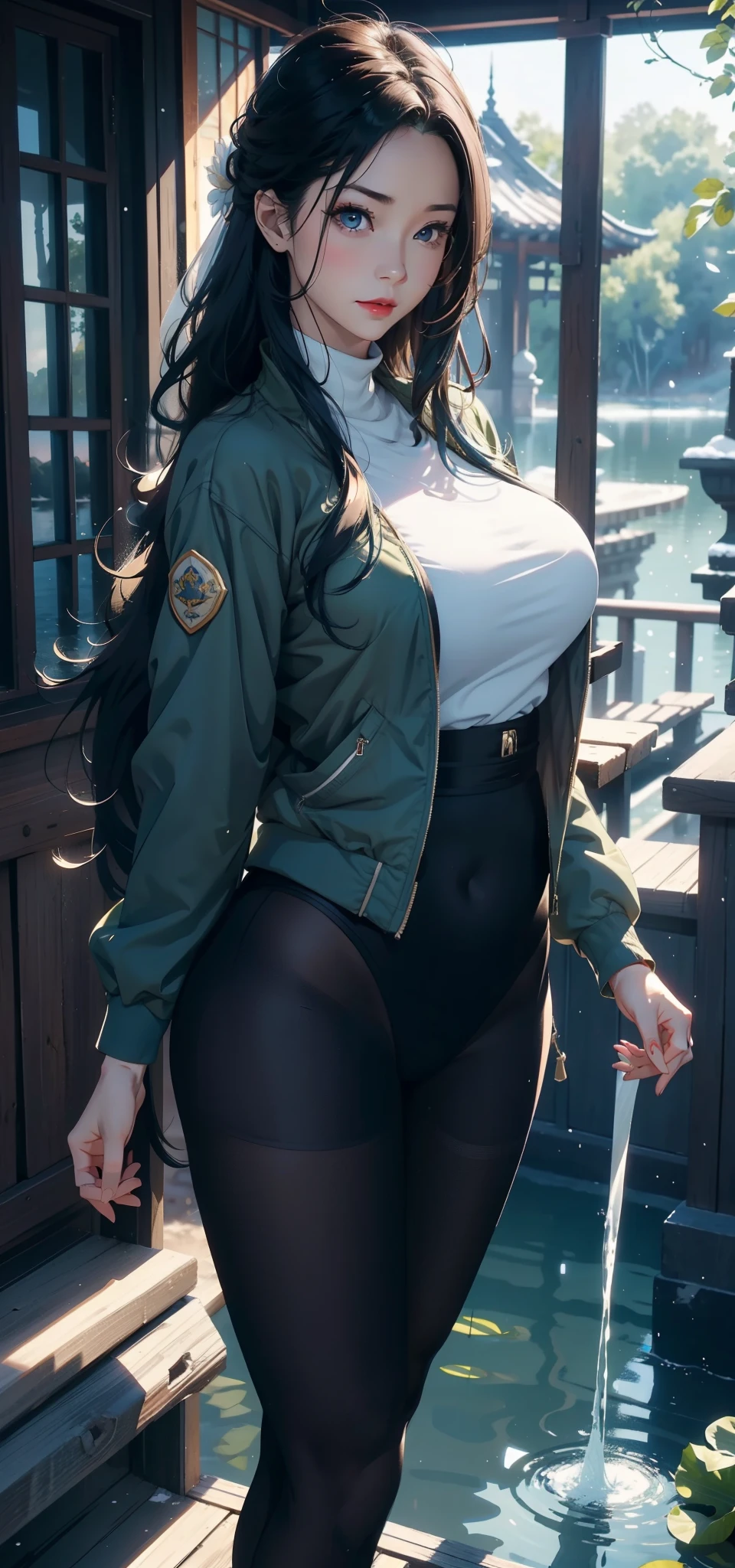 1 female,45 years old,married woman,Leg length, slim waist, 照片曝Light, alone,(background with:lake,lotus,in the woods) She has long blue hair,double tail,standing in water,View from the front, There are many clouds in the sky),(Very detailed CG unified 8K wallpaper),best quality,Light,Detailed background,beautiful student,(Very delicate and beautiful),(Beautiful and detailed eye descriptions),super detailed,masterpiece,))red lips,snow white skin,a little fat,very big,face camera,high resolution,super detailed),revealed,very huge,exposed,, convex,camel toe,air force,green bomber jacket,(wearing:black pantyhose,nude),face camera,facing the audience